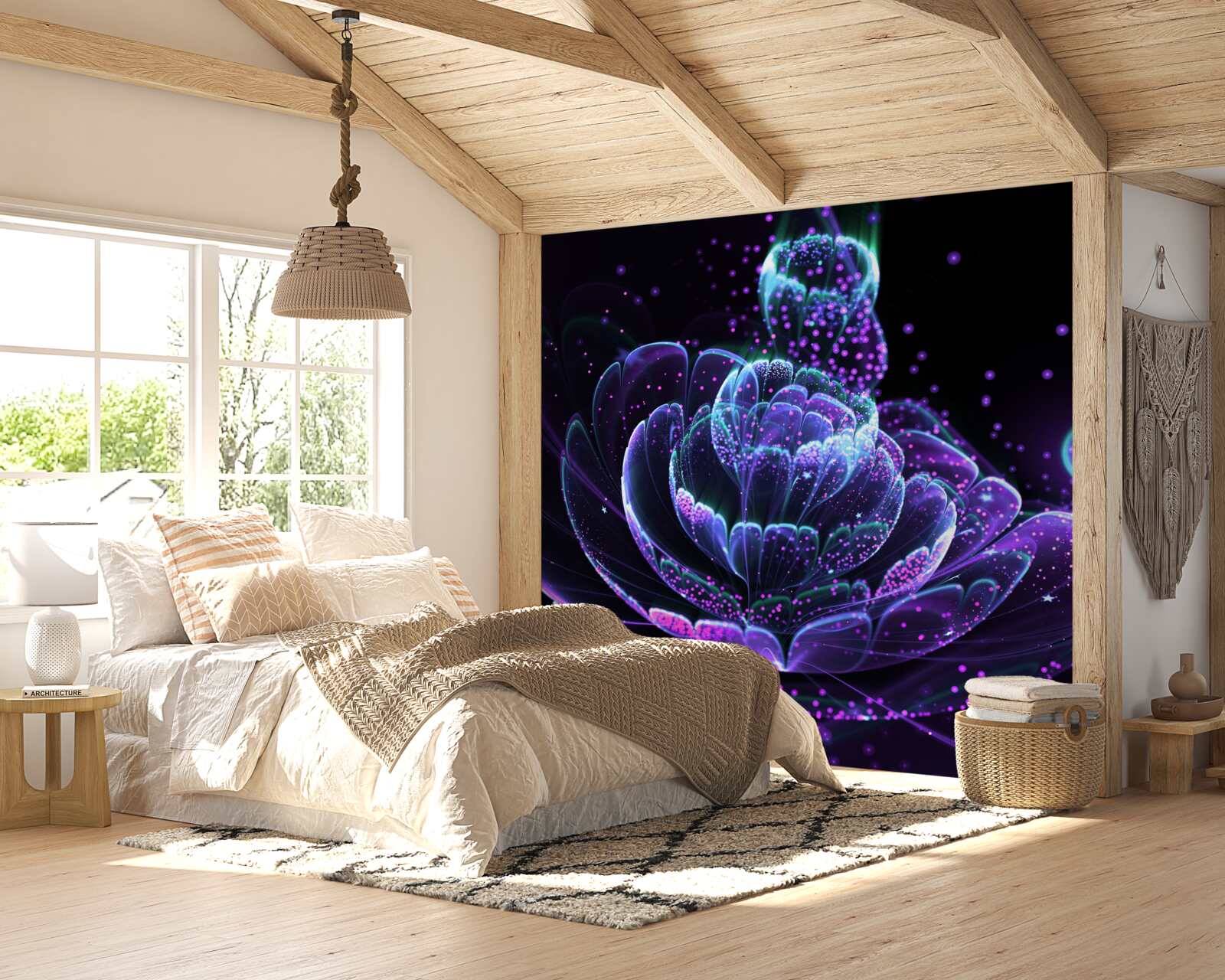 Fototapet floare albastră abstractă pe fundal negru