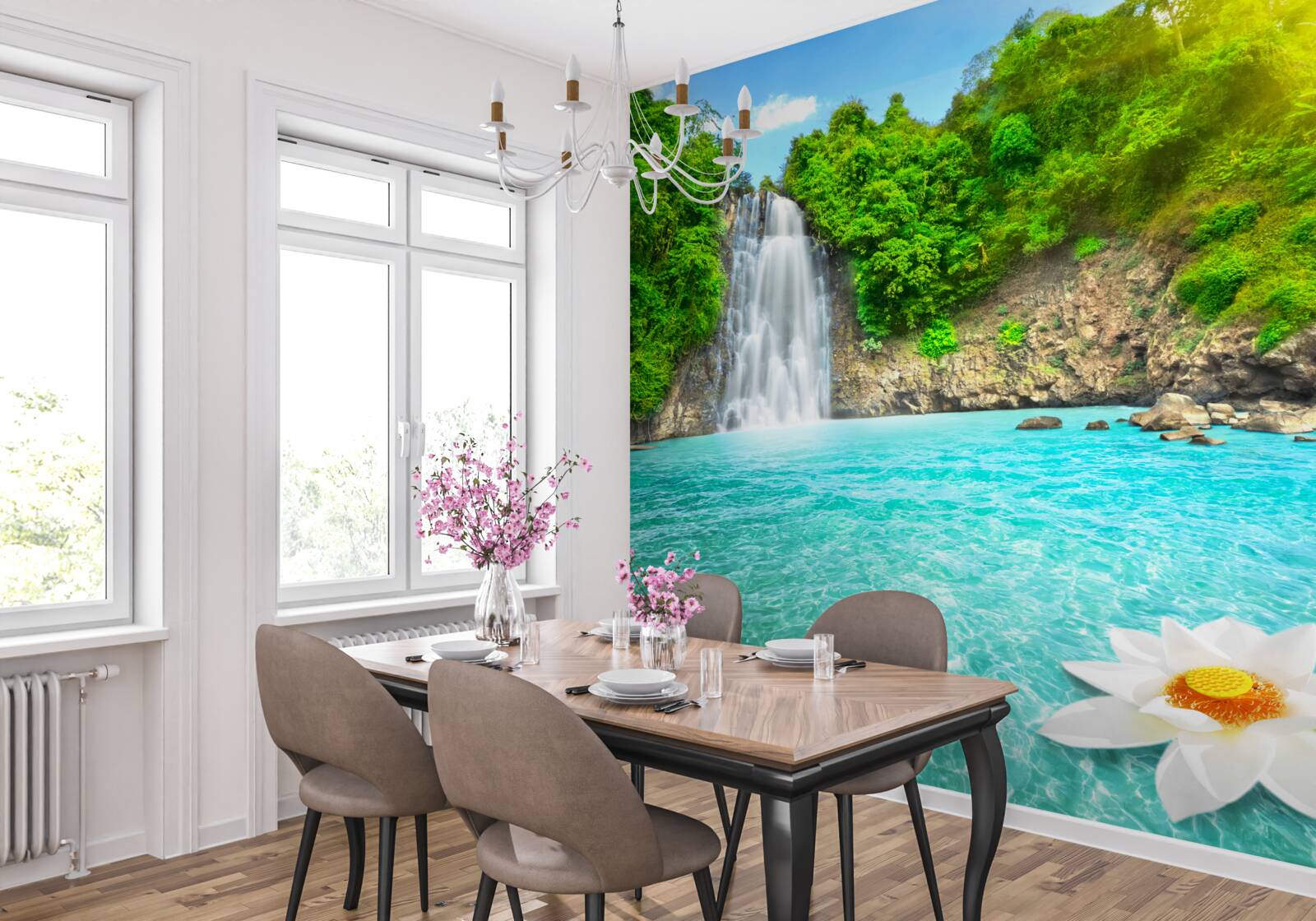 Fototapet cascadă de munte și lac de safir