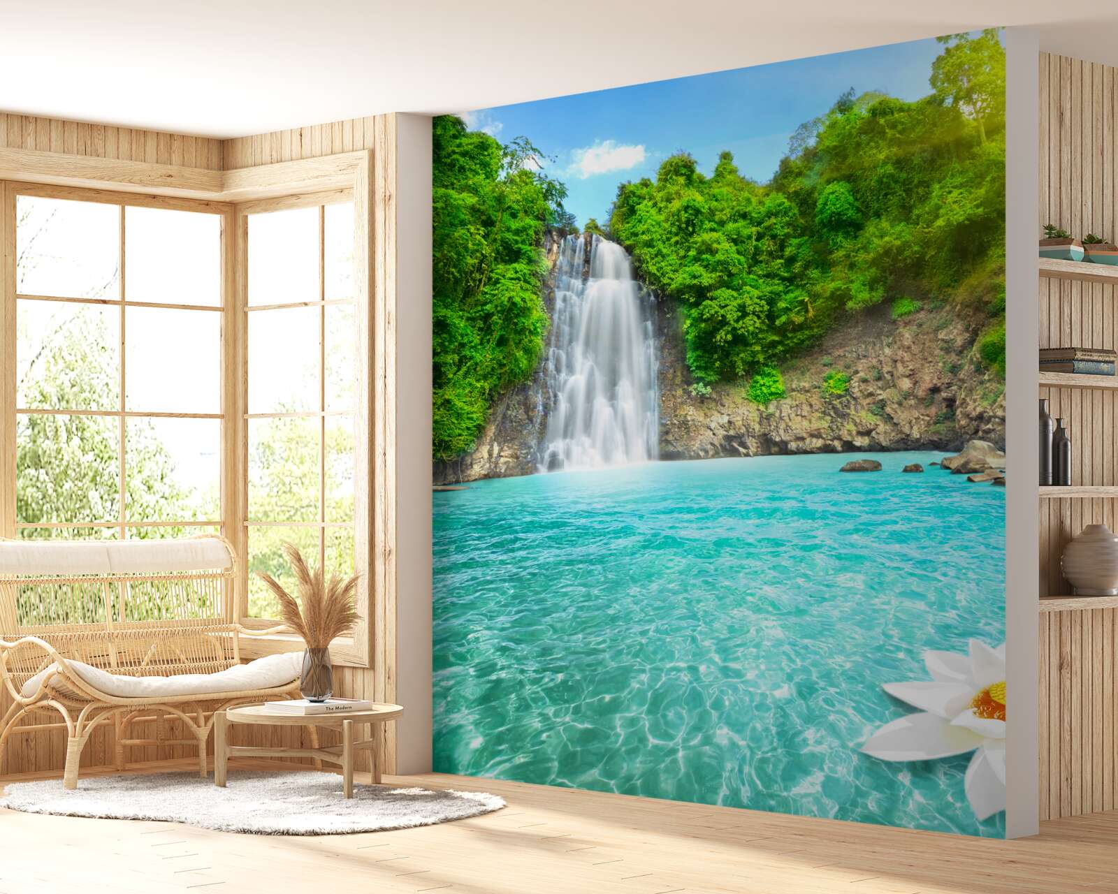 Fototapet cascadă de munte și lac de safir