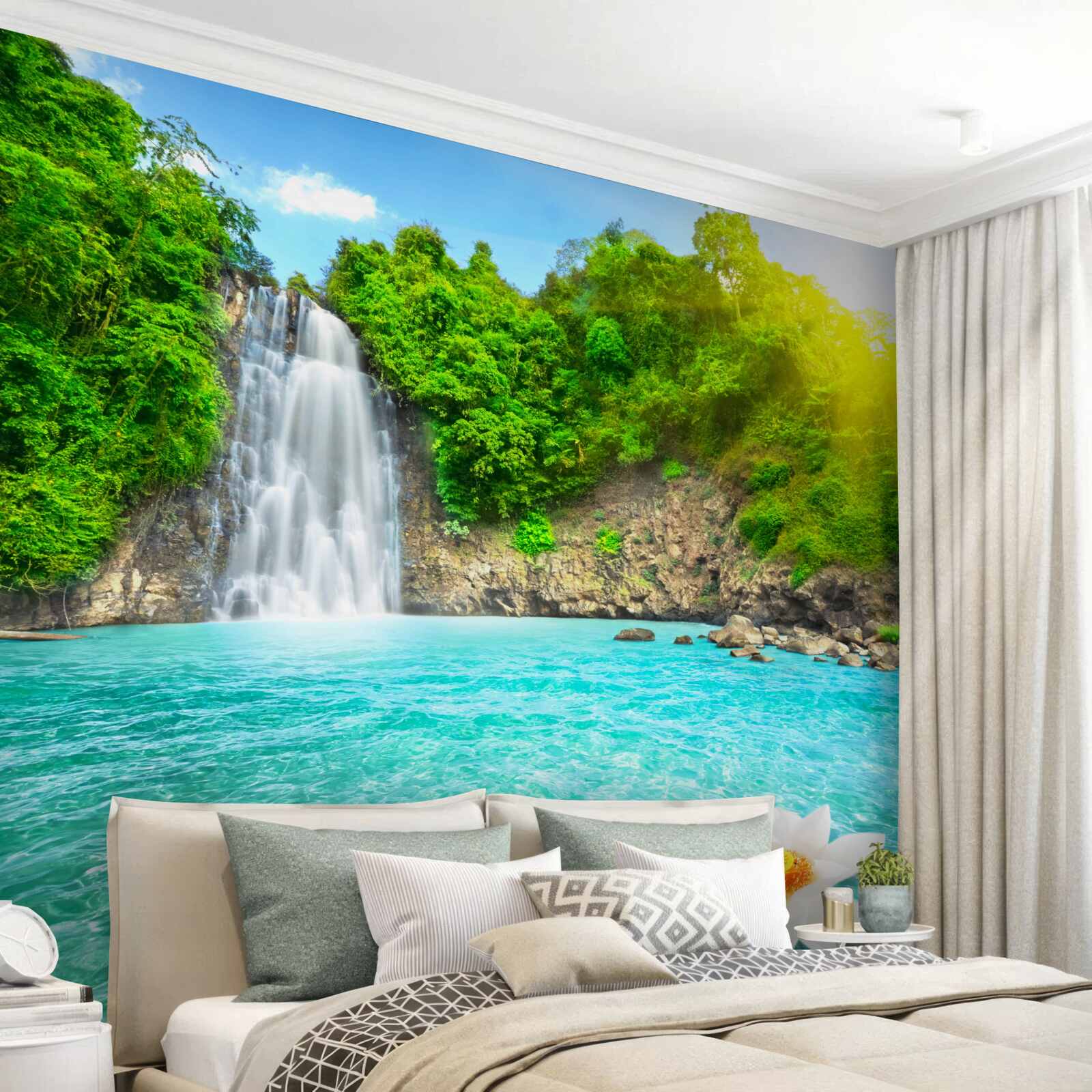 Fototapet cascadă de munte și lac de safir