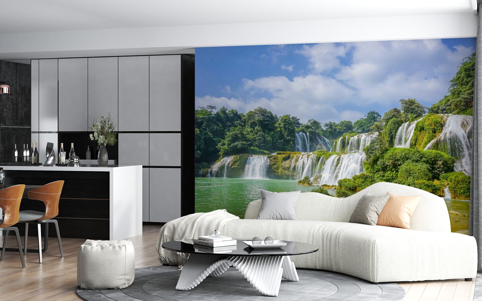 Fototapet cascade care curg rapid în bazinul lacului