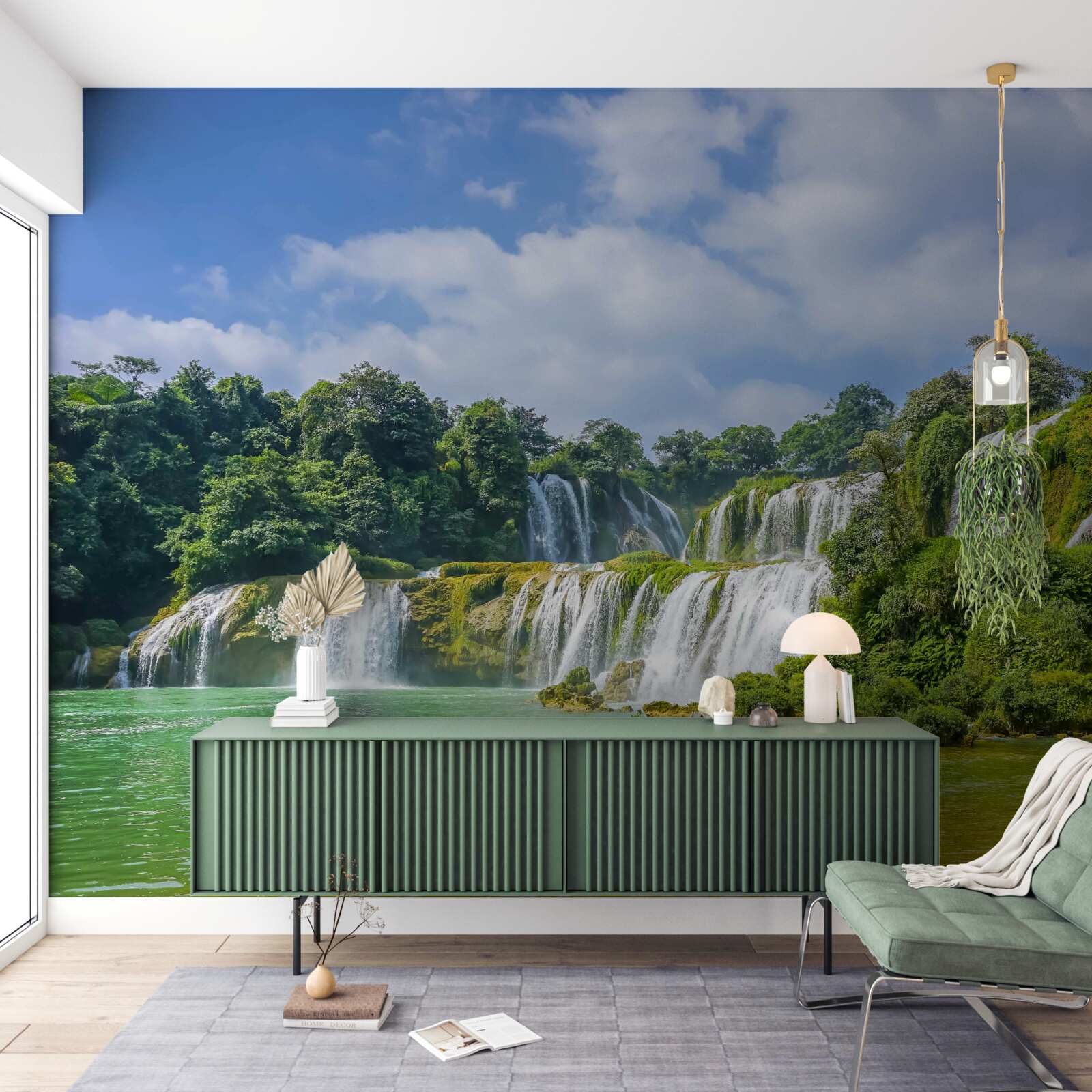 Fototapet cascade care curg rapid în bazinul lacului