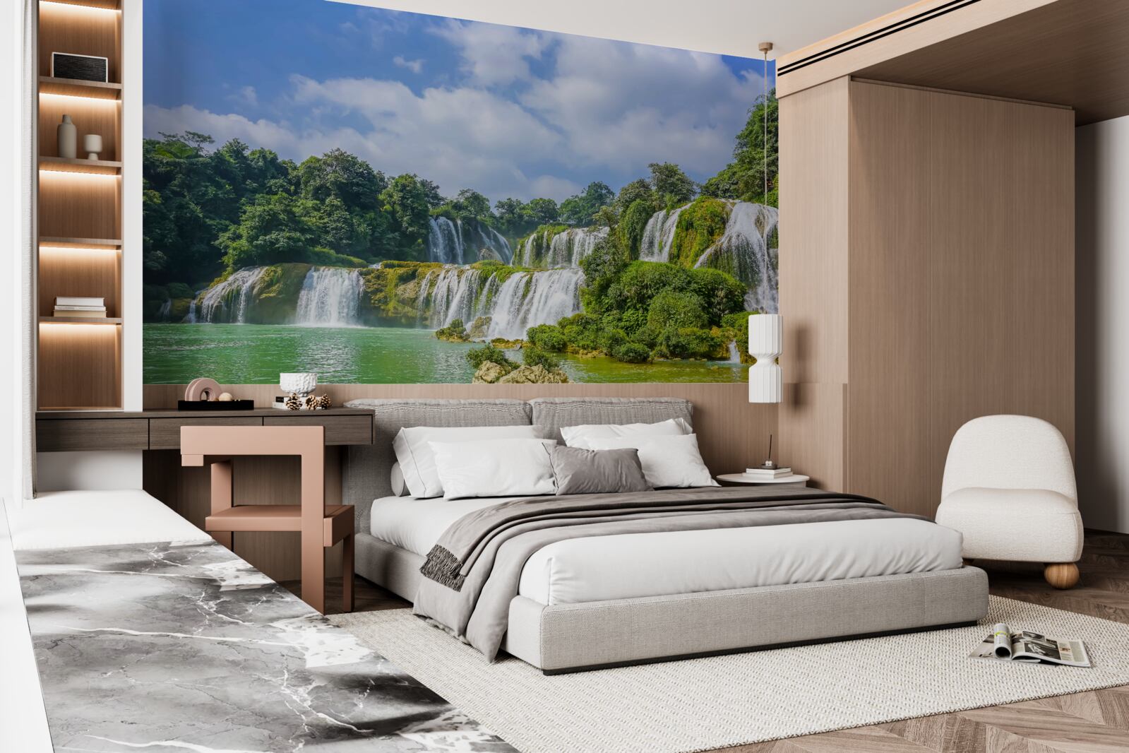 Fototapet cascade care curg rapid în bazinul lacului