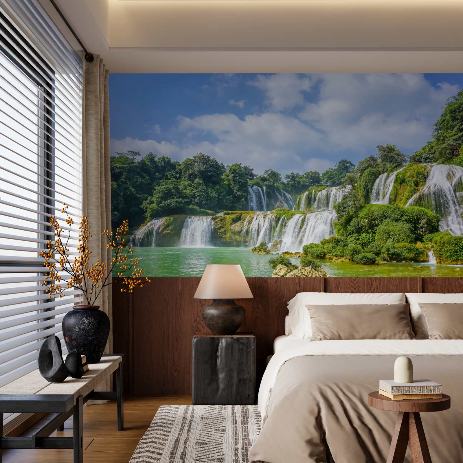 Fototapet cascade care curg rapid în bazinul lacului