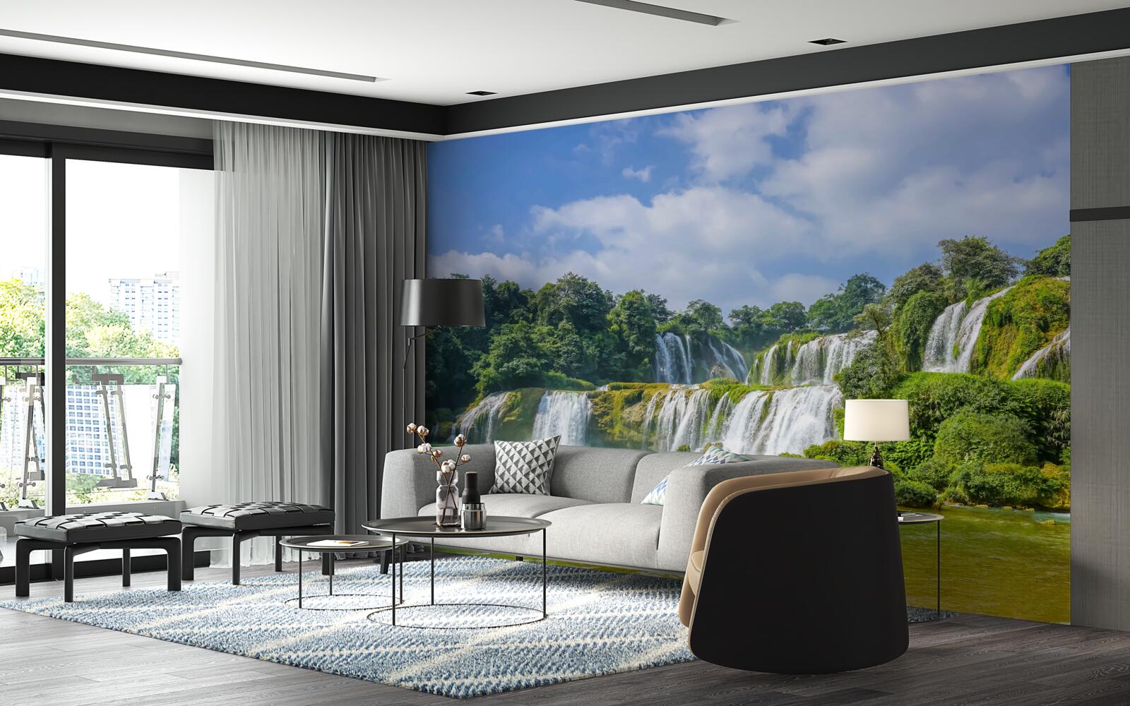 Fototapet cascade care curg rapid în bazinul lacului