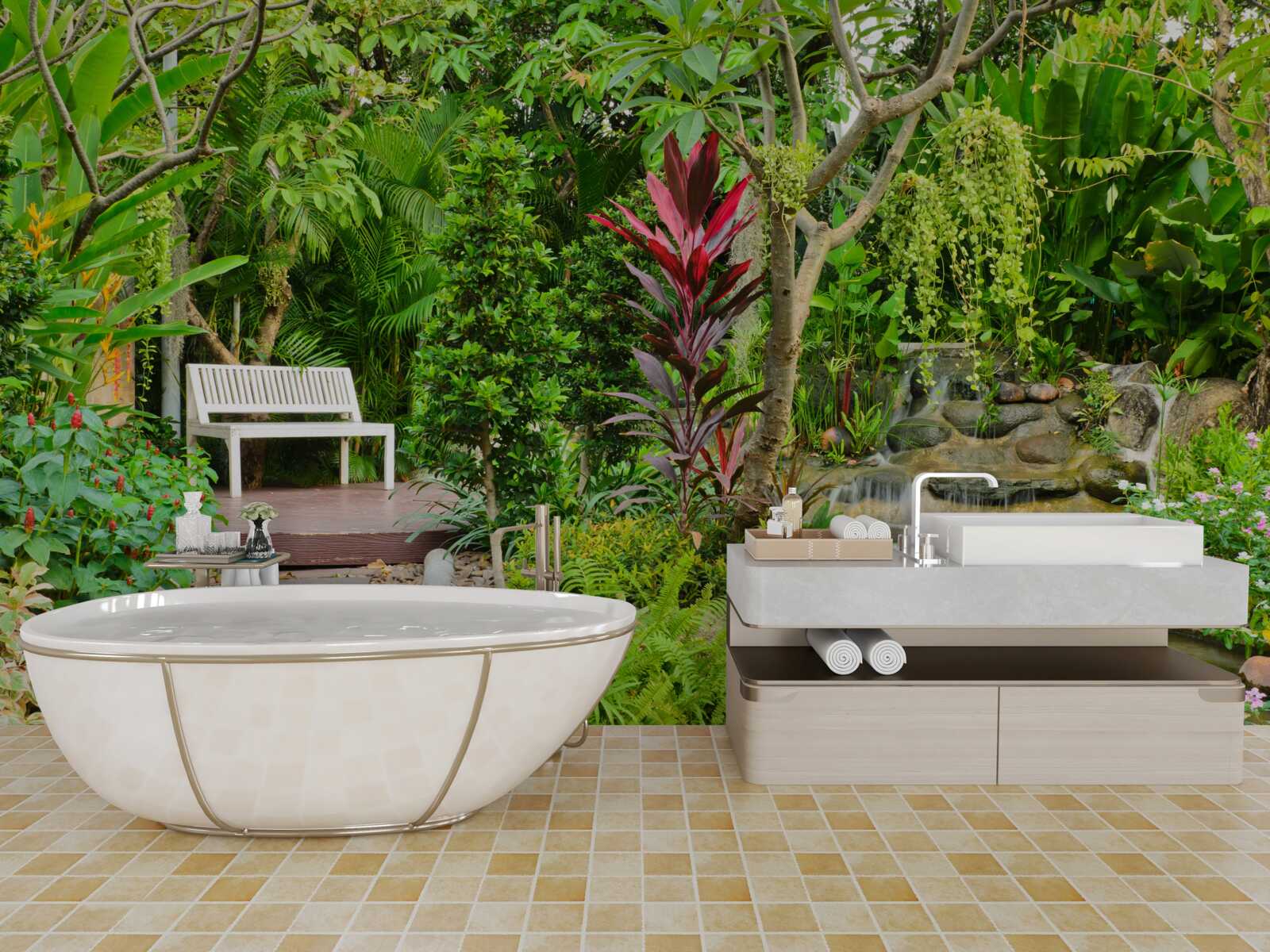 Fototapet paradis tropical într-o zonă împădurită lângă un iaz