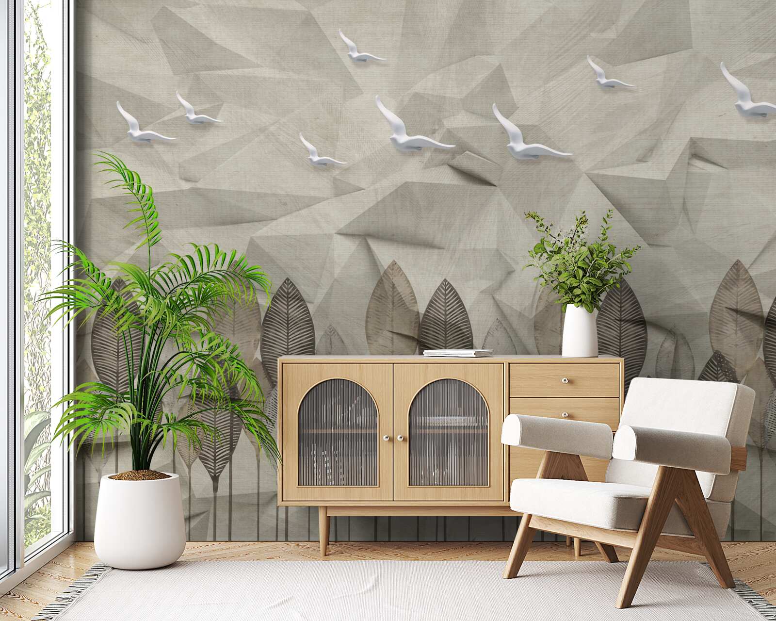 Fototapet păsări care își iau aripi pentru a zbura și o pădure cenușie