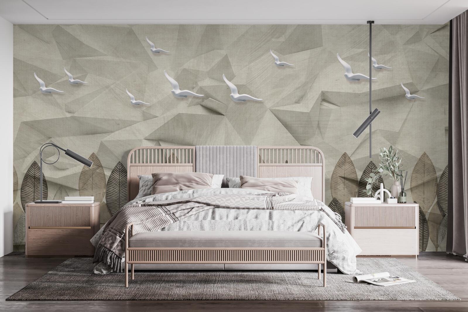 Fototapet păsări care își iau aripi pentru a zbura și o pădure cenușie