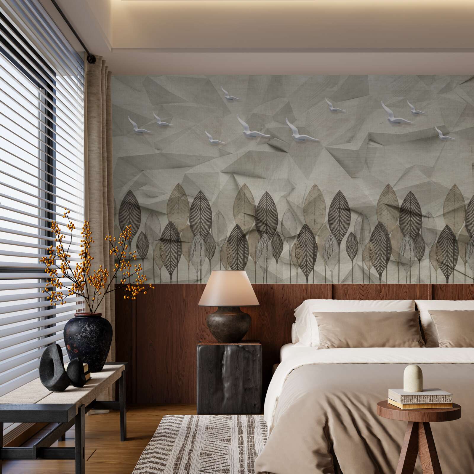 Fototapet păsări care își iau aripi pentru a zbura și o pădure cenușie