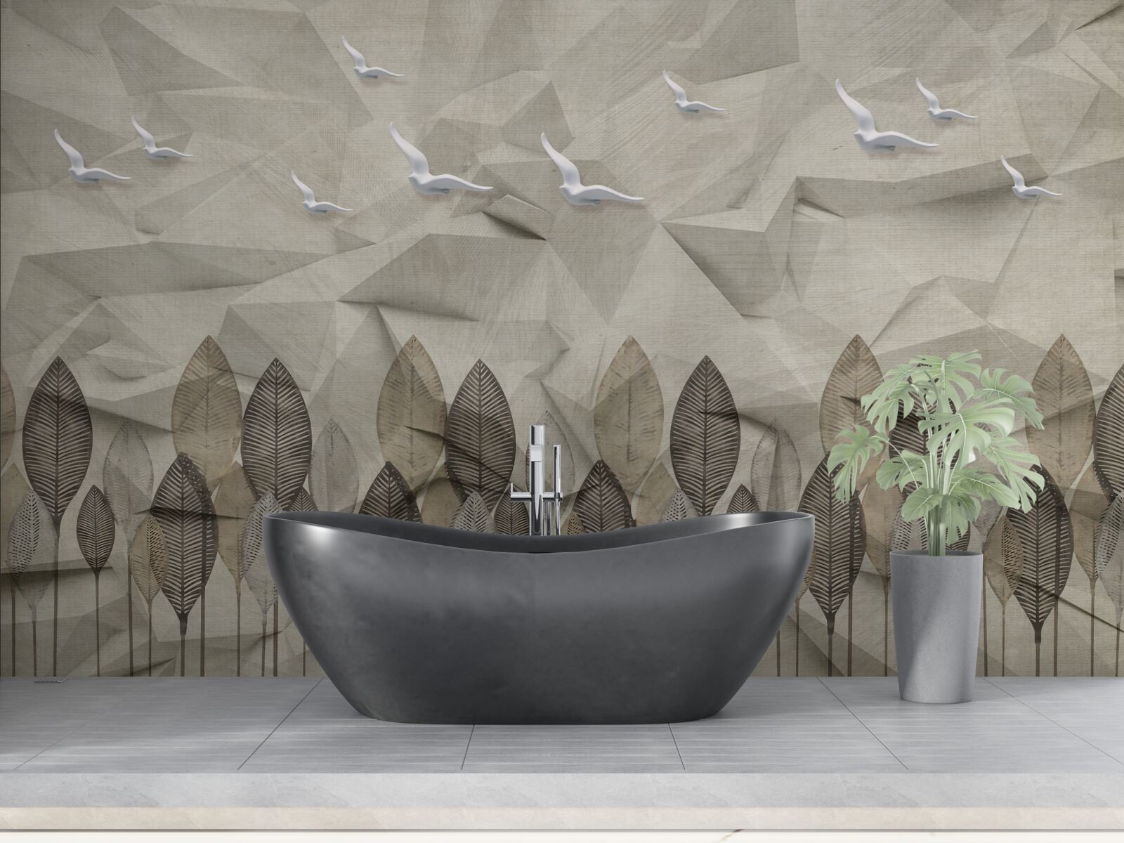 Fototapet păsări care își iau aripi pentru a zbura și o pădure cenușie