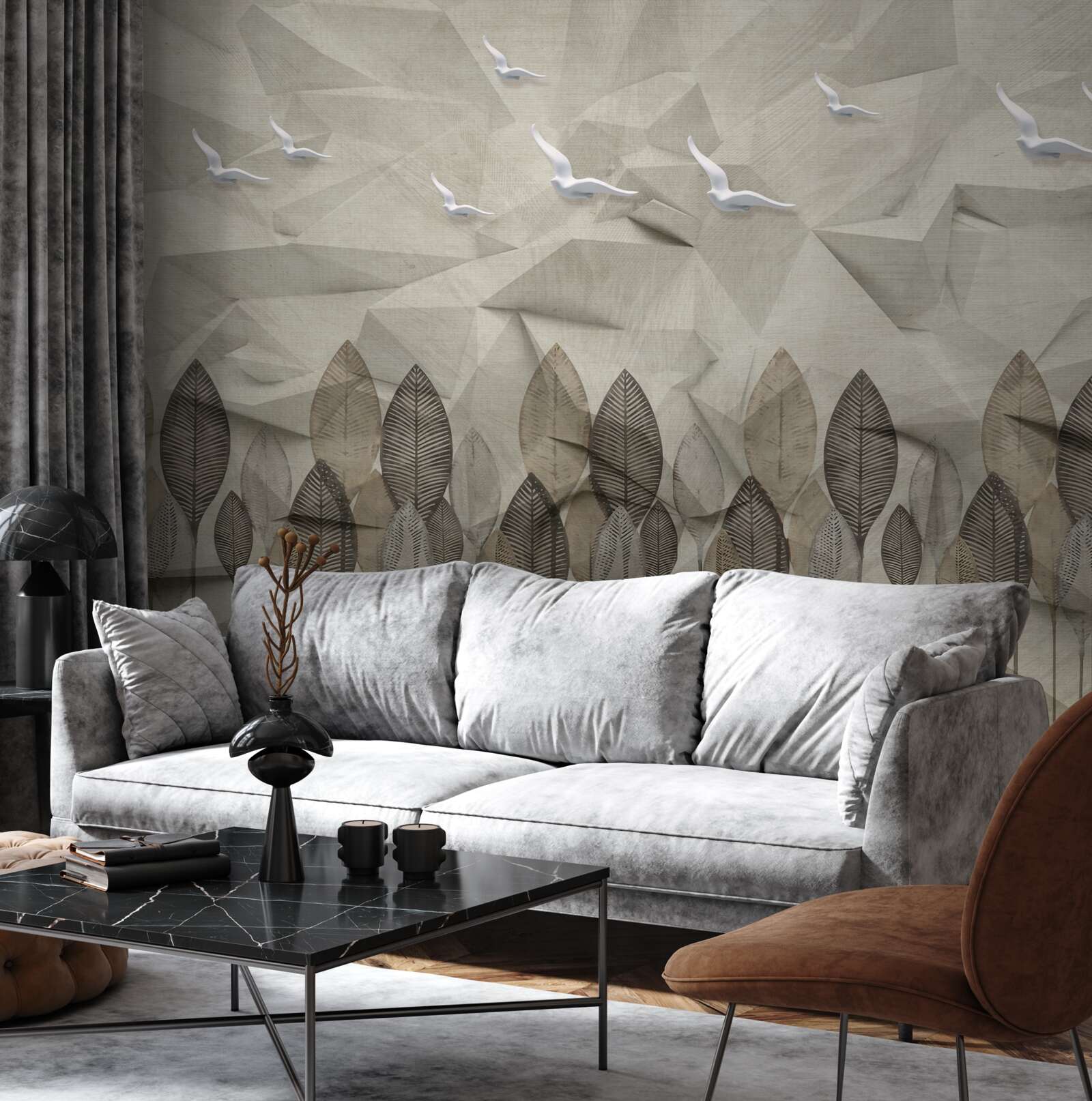 Fototapet păsări care își iau aripi pentru a zbura și o pădure cenușie