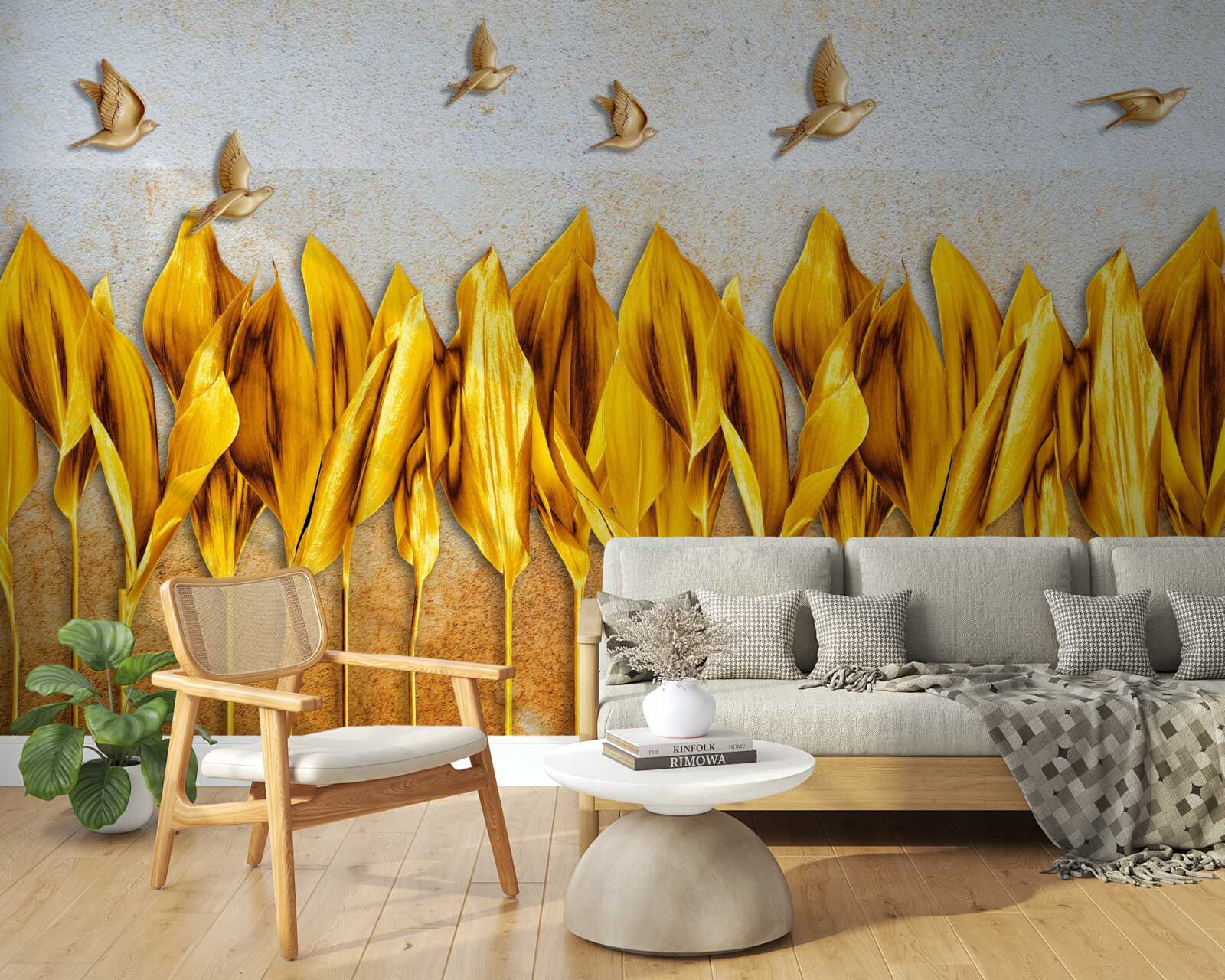 Fototapet o pădure aurie de toamnă apare deasupra aripilor păsărilor care zboară