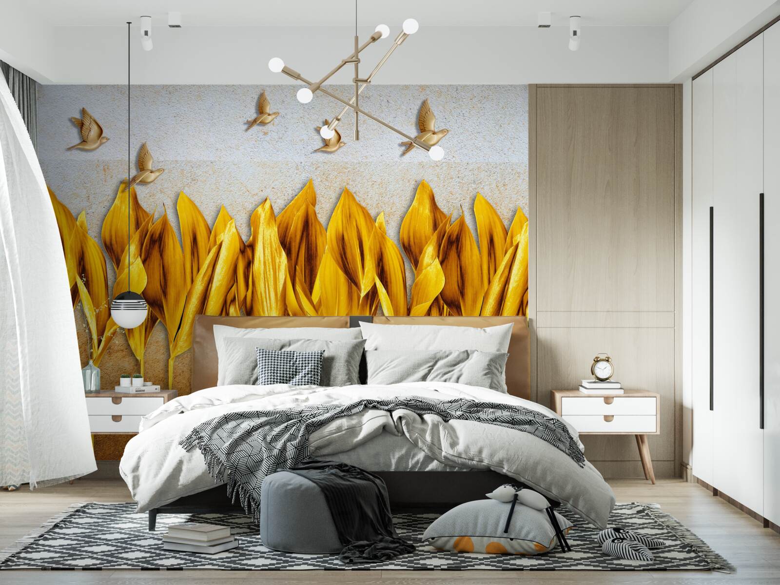 Fototapet o pădure aurie de toamnă apare deasupra aripilor păsărilor care zboară