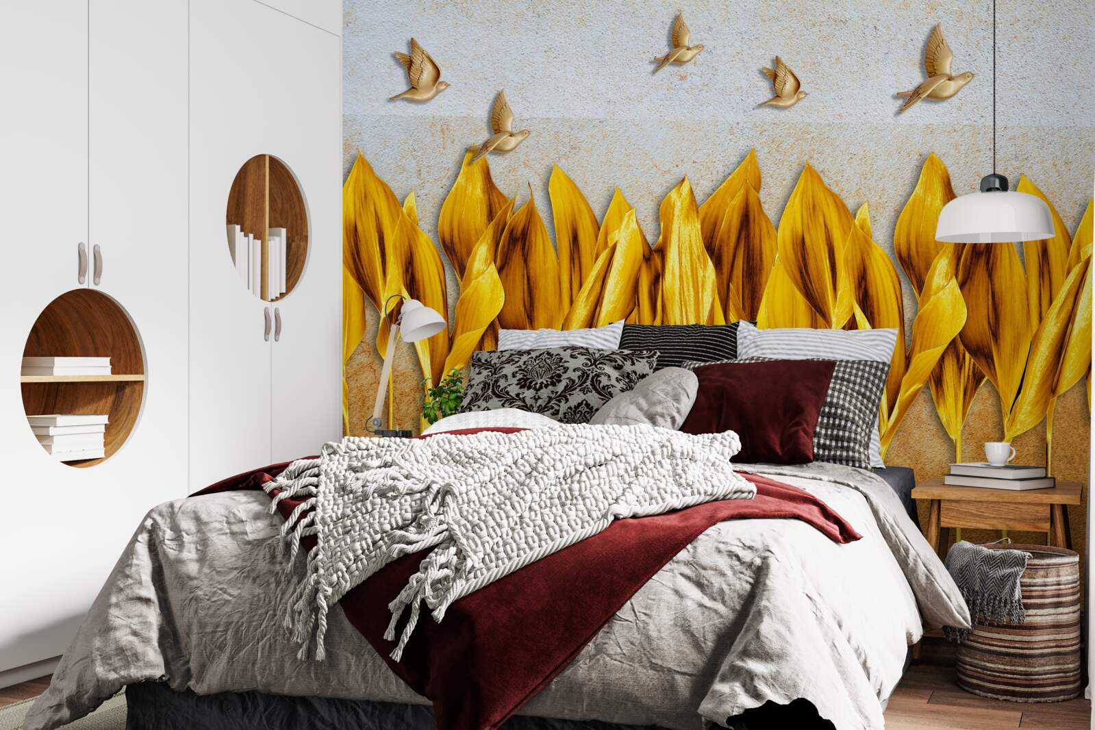 Fototapet o pădure aurie de toamnă apare deasupra aripilor păsărilor care zboară