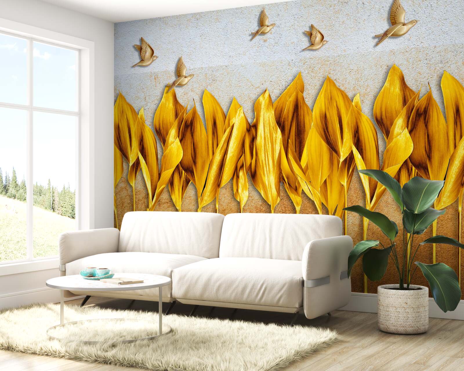 Fototapet o pădure aurie de toamnă apare deasupra aripilor păsărilor care zboară