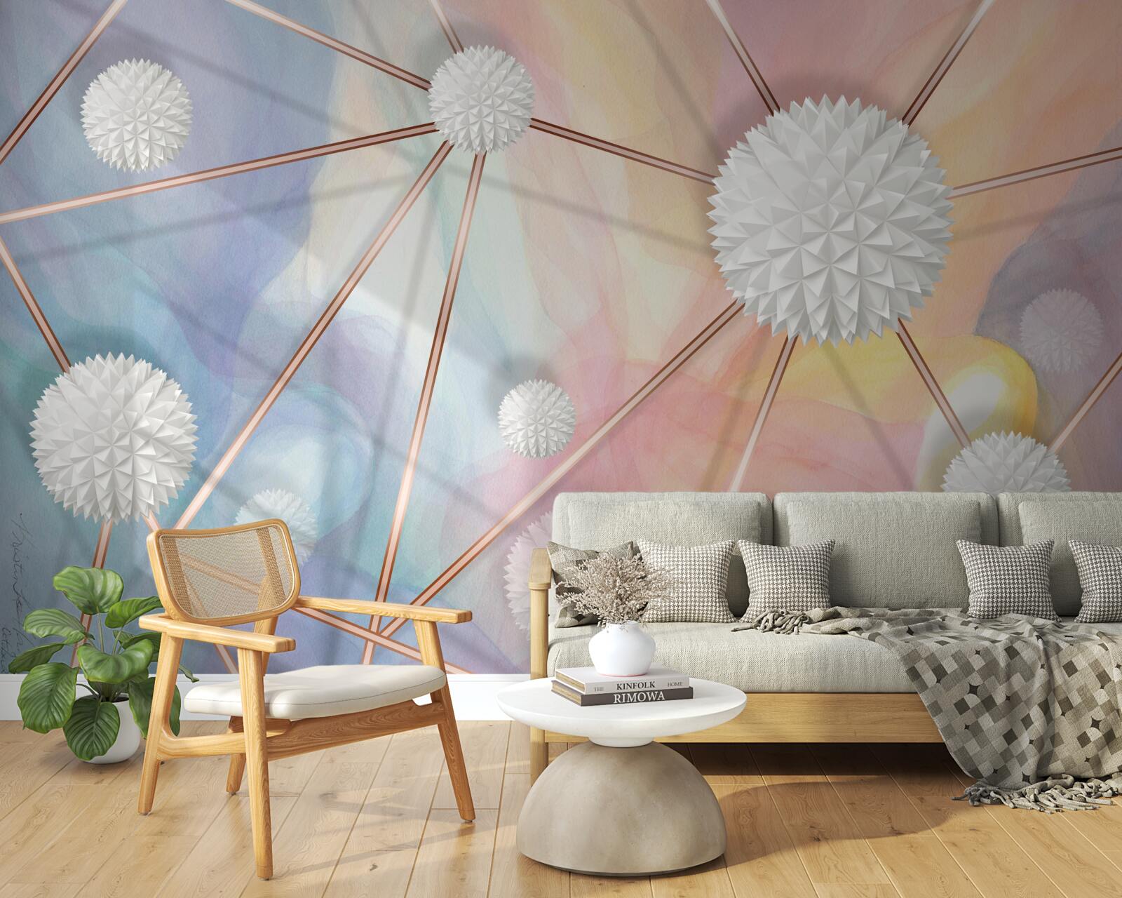 Fototapet bilele care plutesc în aer și frânghiile care le leagă, realizate din aur