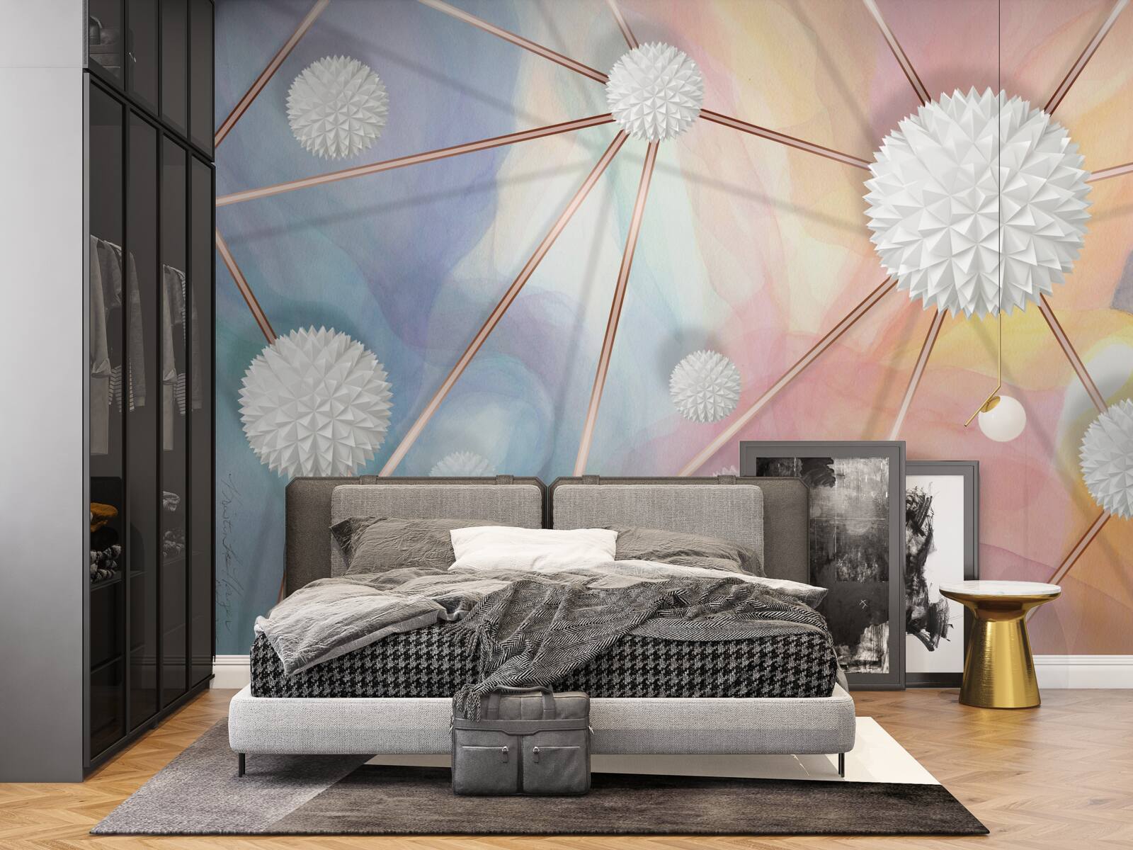 Fototapet bilele care plutesc în aer și frânghiile care le leagă, realizate din aur