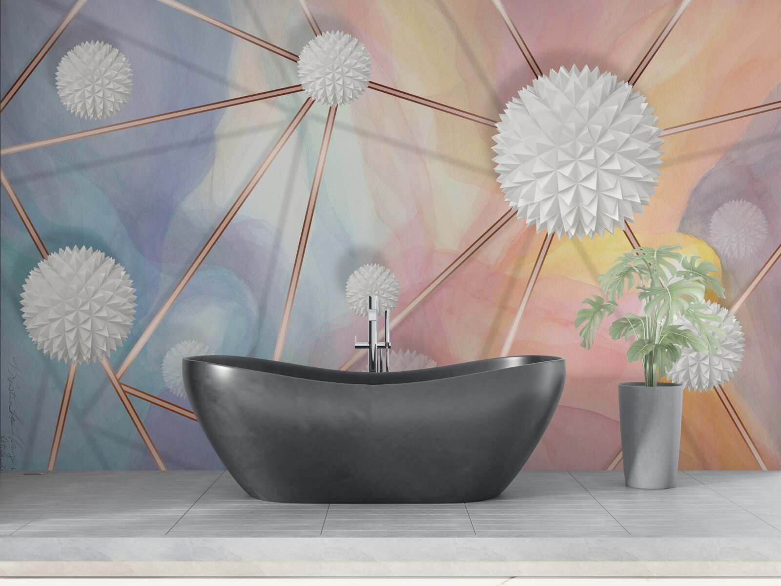 Fototapet bilele care plutesc în aer și frânghiile care le leagă, realizate din aur