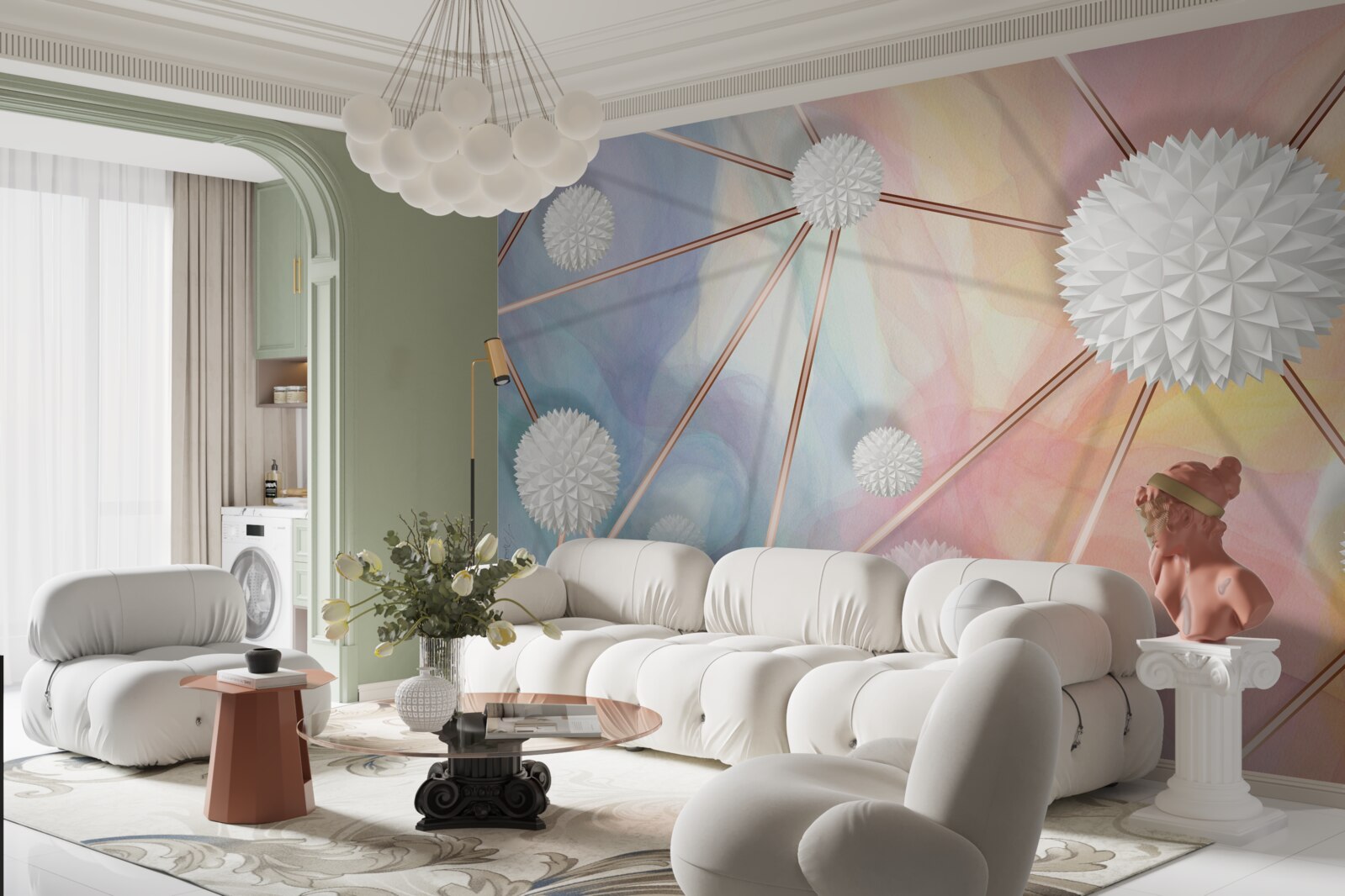 Fototapet bilele care plutesc în aer și frânghiile care le leagă, realizate din aur