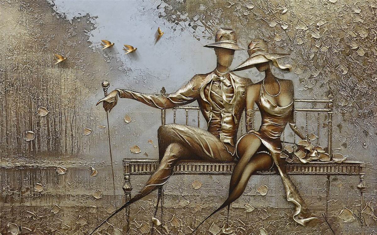 Fototapet tineri îndrăgostiți pe o bancă în timpul unei ploi torențiale