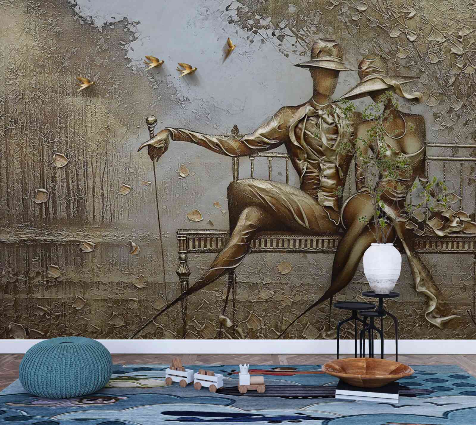 Fototapet tineri îndrăgostiți pe o bancă în timpul unei ploi torențiale