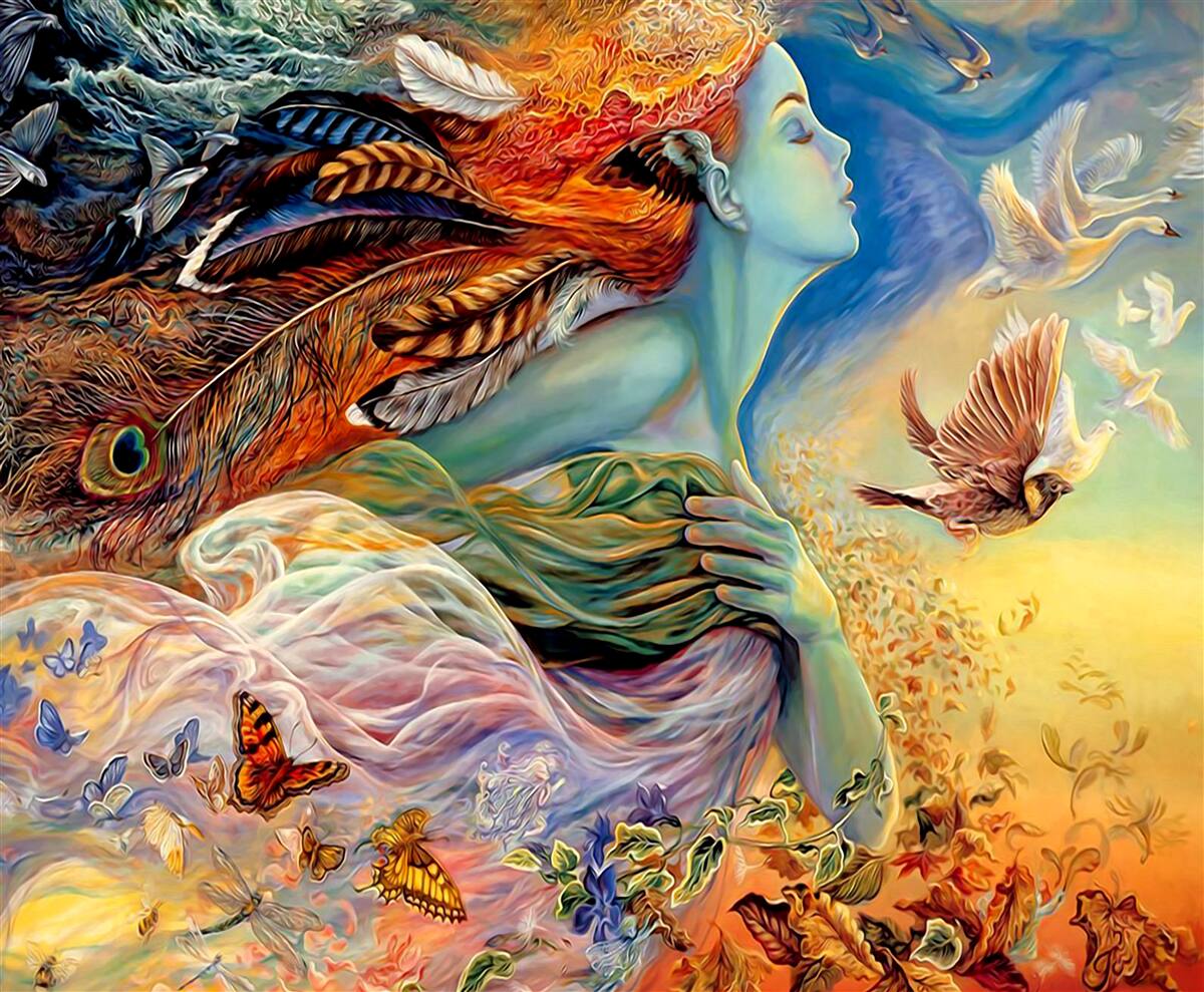 Fototapet fată înconjurată de flori de toamnă, legănată de vânt