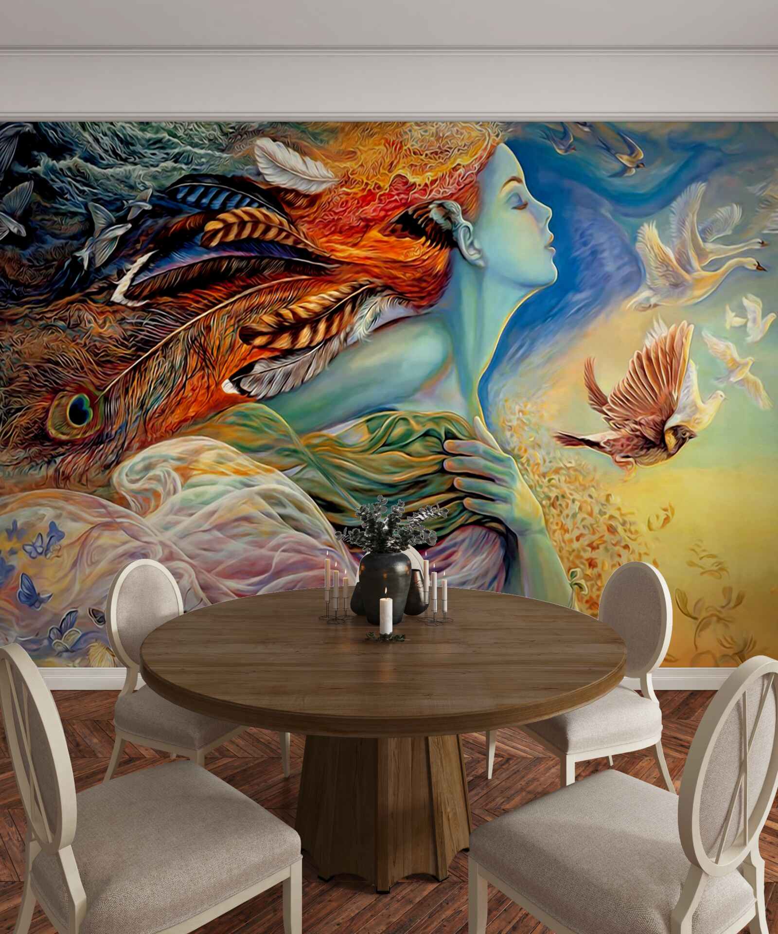 Fototapet fată înconjurată de flori de toamnă, legănată de vânt