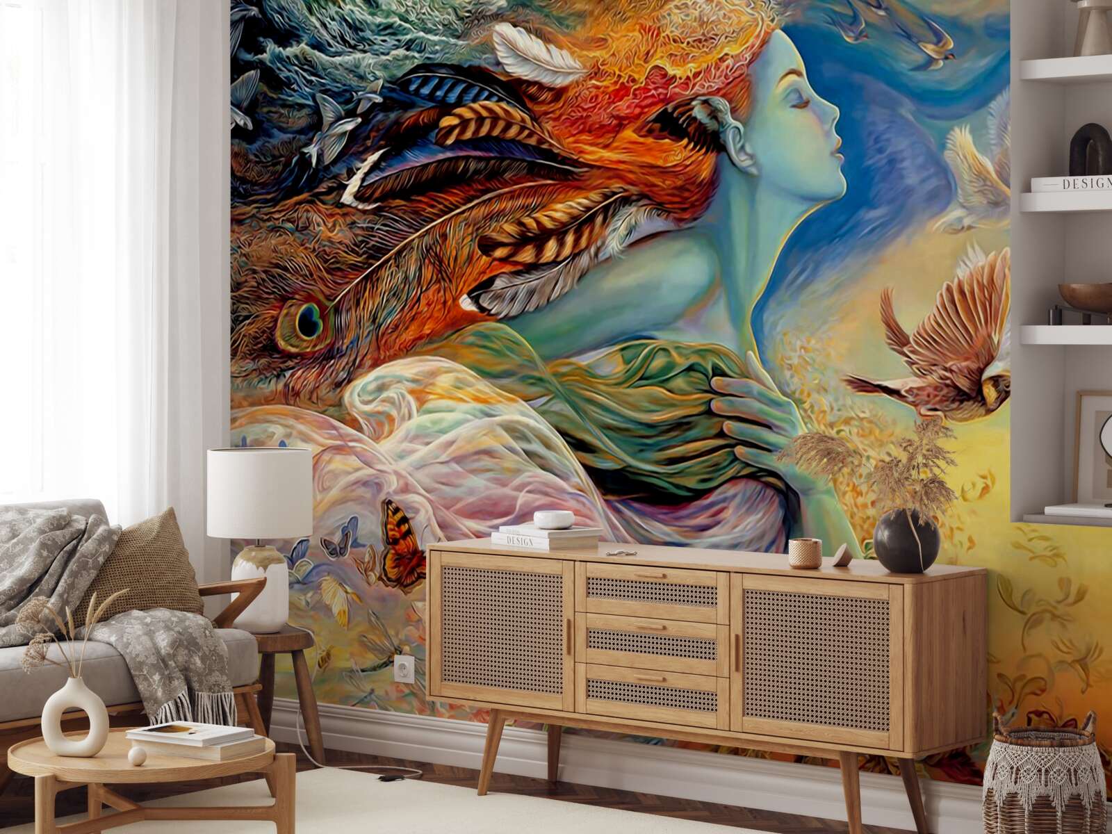 Fototapet fată înconjurată de flori de toamnă, legănată de vânt