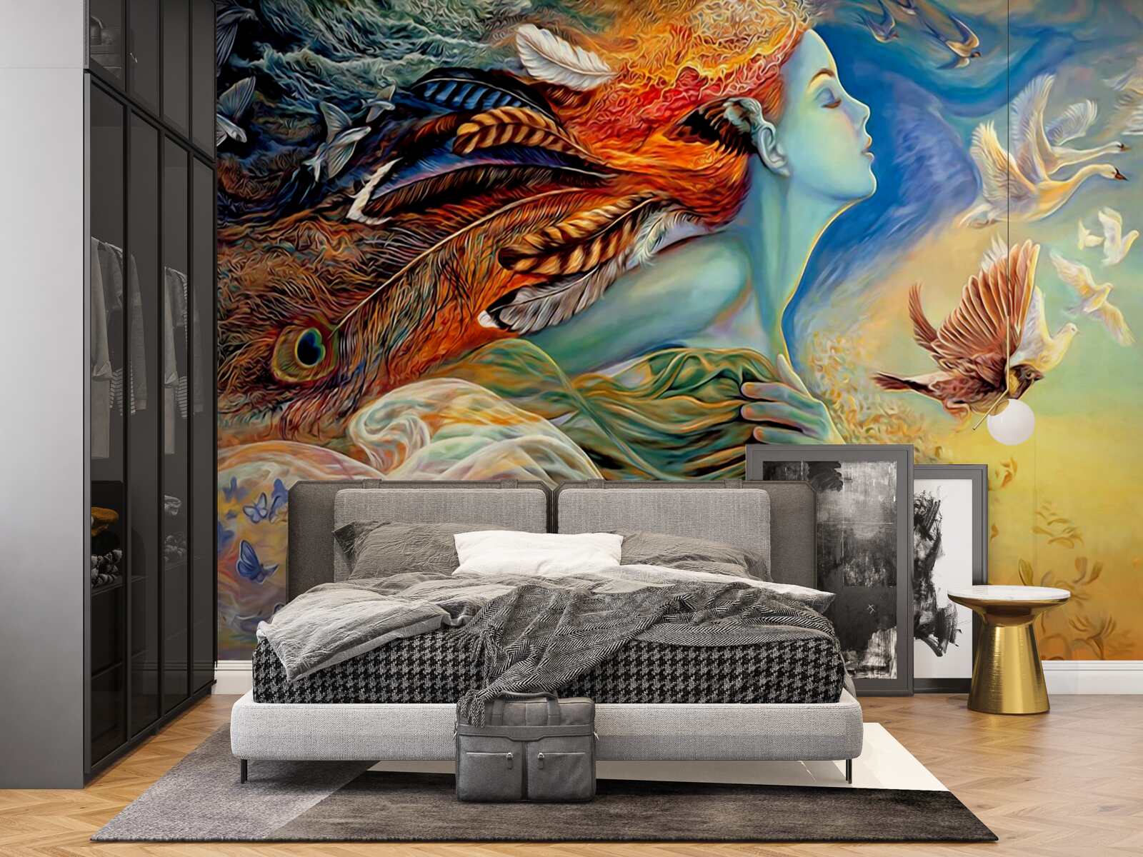 Fototapet fată înconjurată de flori de toamnă, legănată de vânt