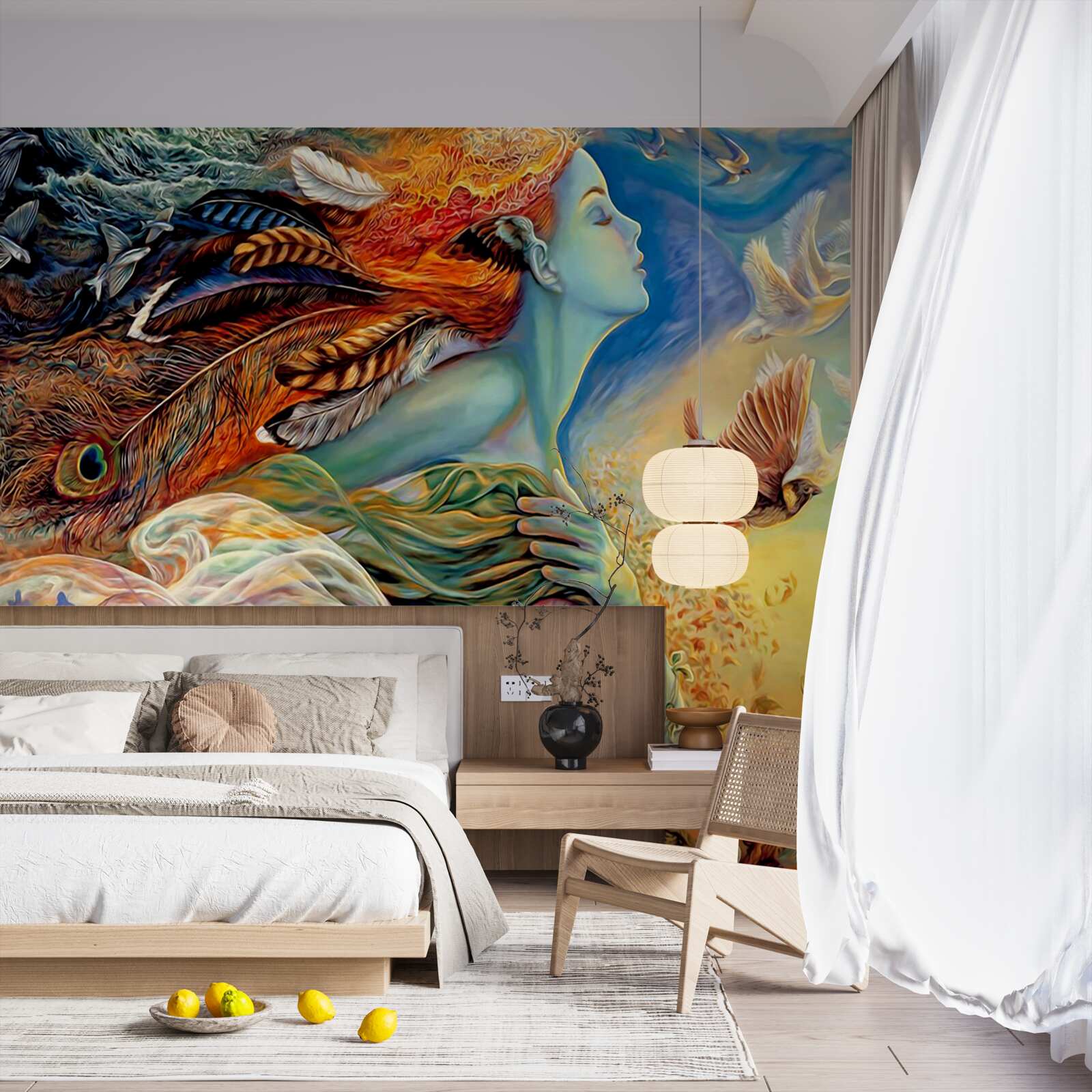 Fototapet fată înconjurată de flori de toamnă, legănată de vânt