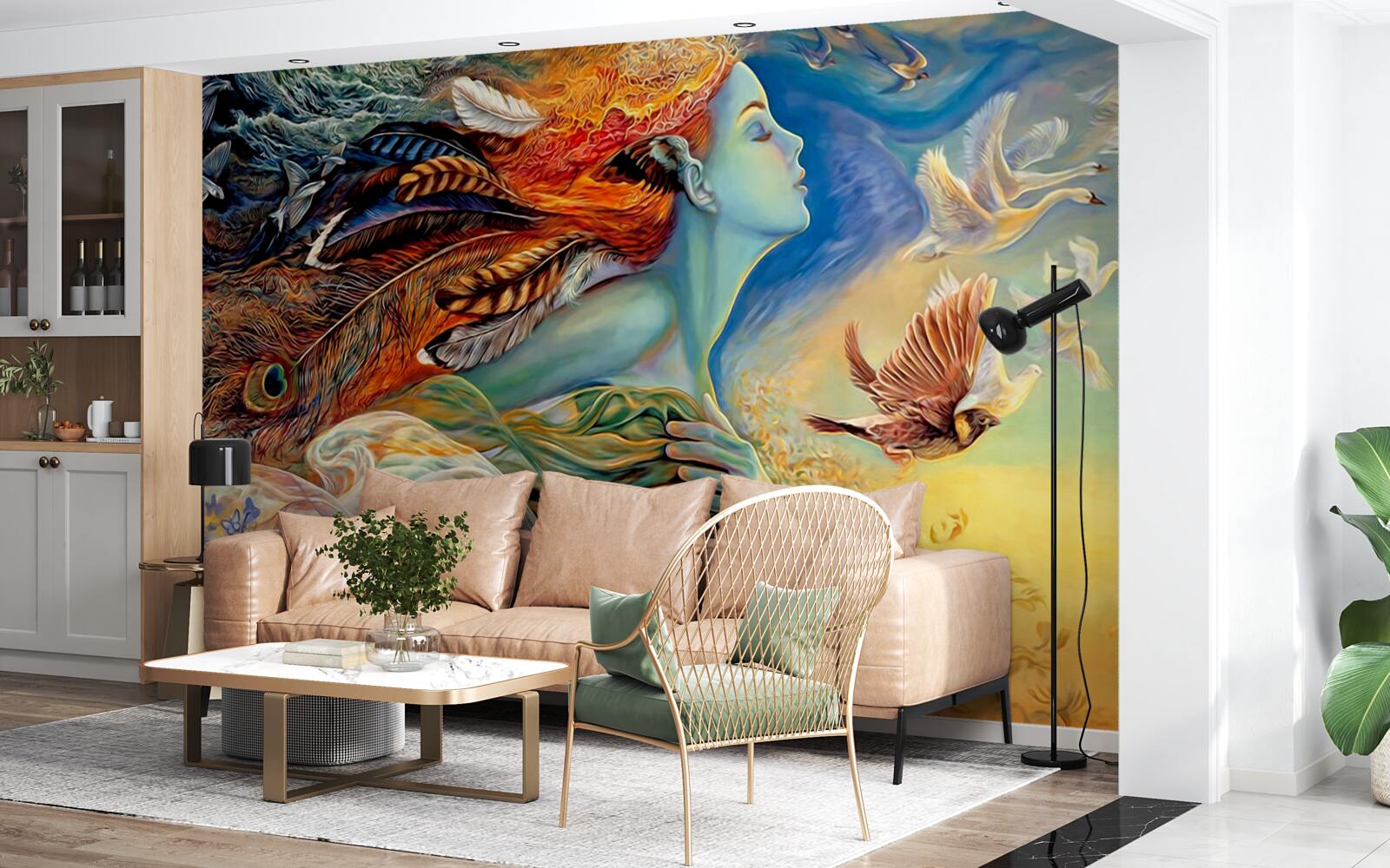 Fototapet fată înconjurată de flori de toamnă, legănată de vânt