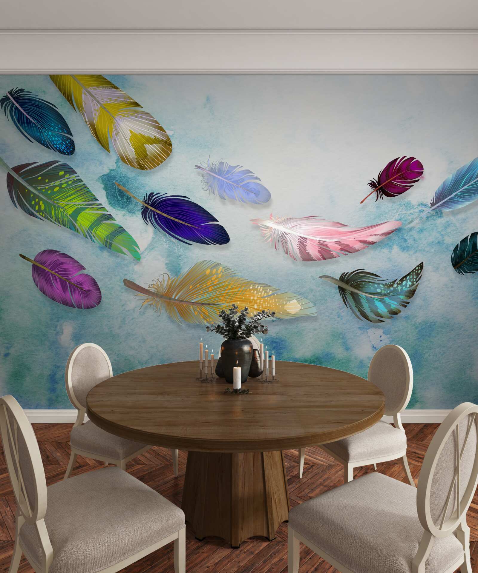 Fototapet pene de diferite forme și nuanțe plutesc în aer