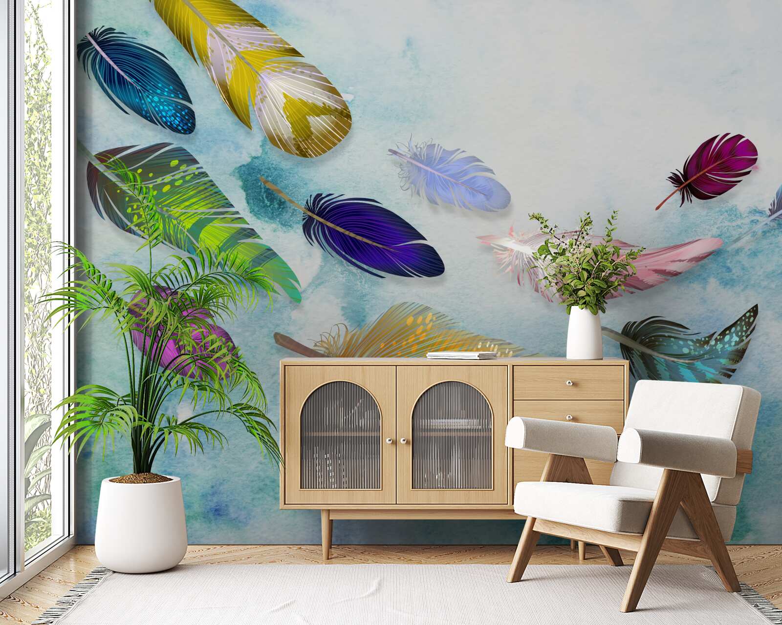 Fototapet pene de diferite forme și nuanțe plutesc în aer