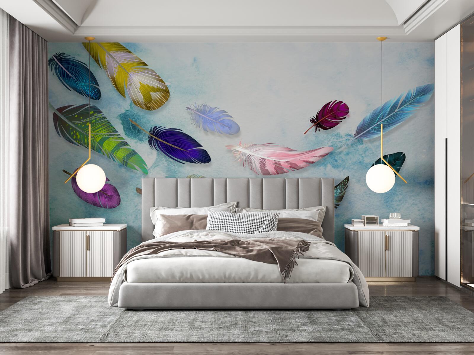 Fototapet pene de diferite forme și nuanțe plutesc în aer