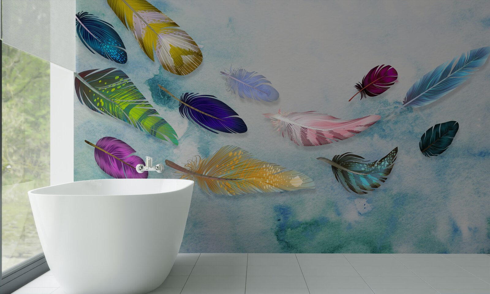 Fototapet pene de diferite forme și nuanțe plutesc în aer