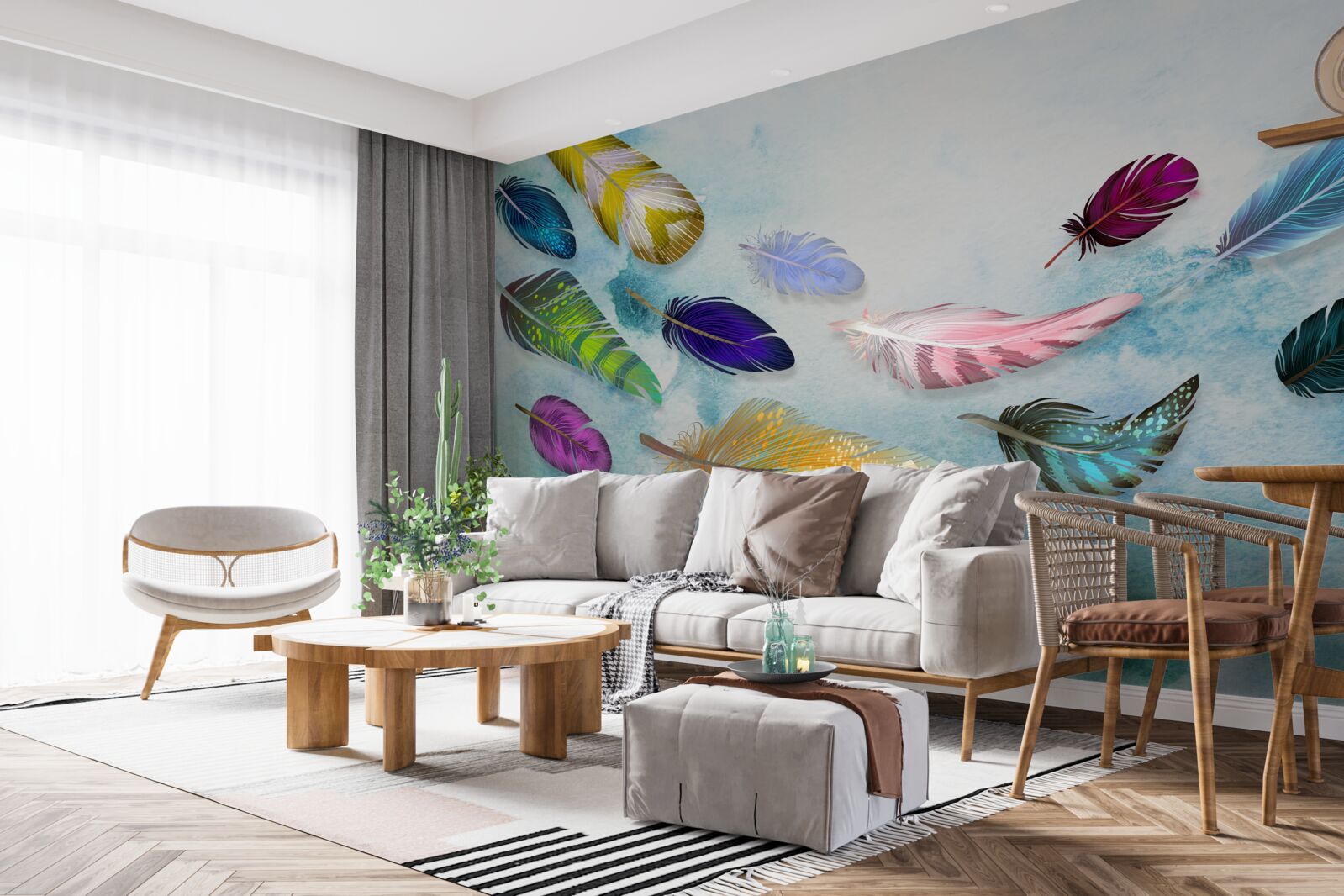 Fototapet pene de diferite forme și nuanțe plutesc în aer