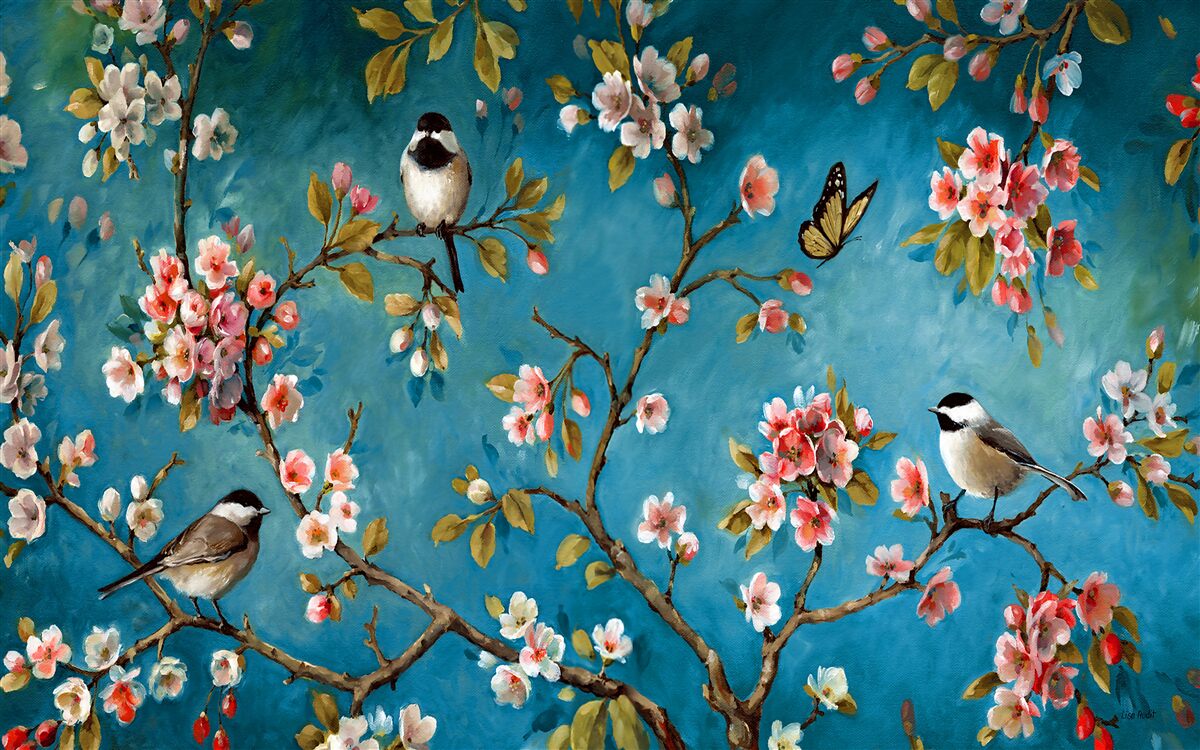 Fototapet ramuri înflorite cu păsări pe un fundal de cer azuriu