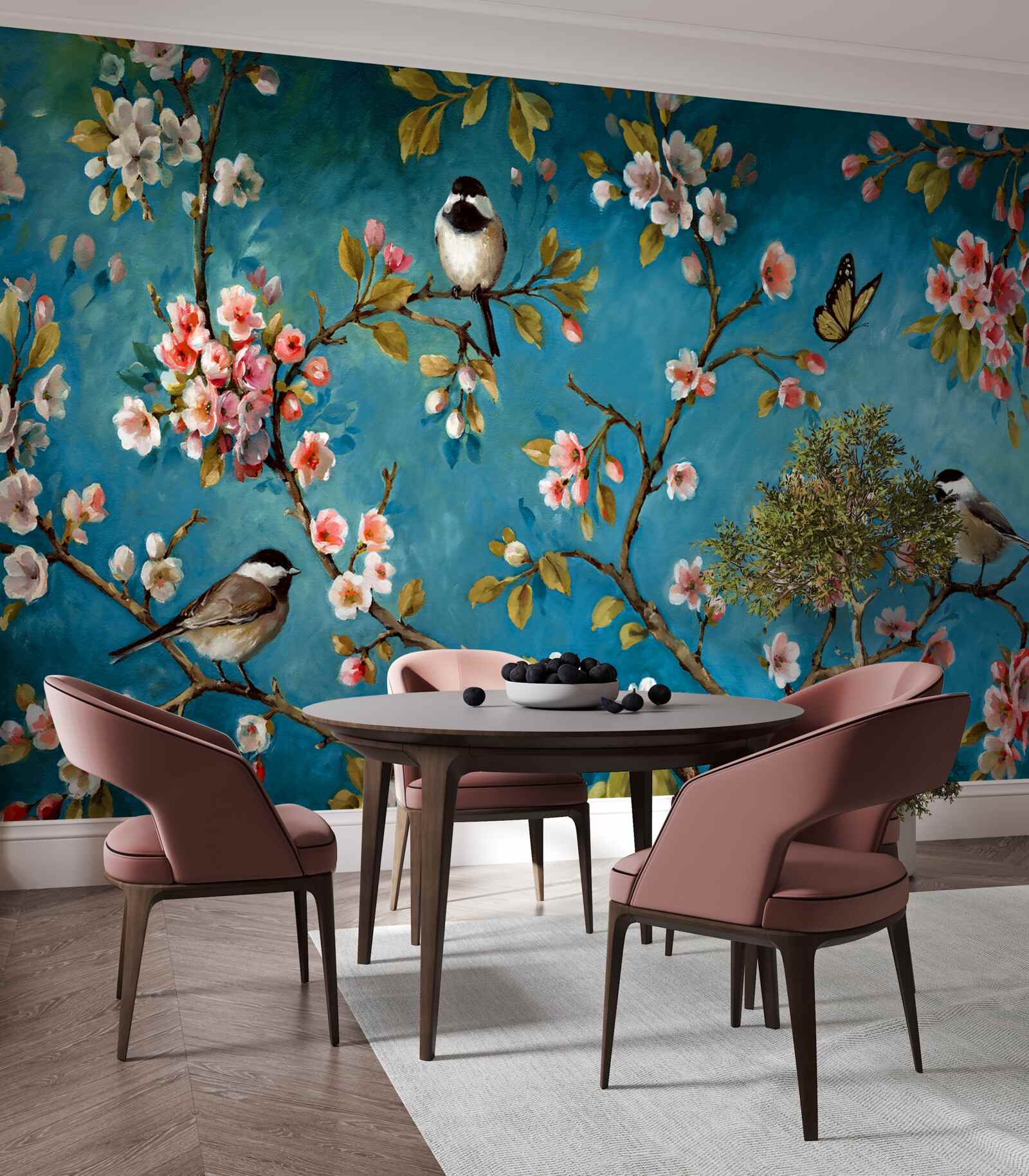 Fototapet ramuri înflorite cu păsări pe un fundal de cer azuriu