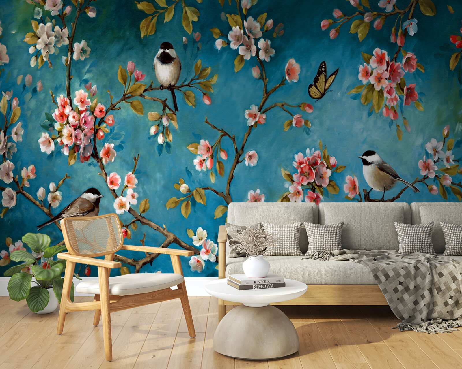 Fototapet ramuri înflorite cu păsări pe un fundal de cer azuriu