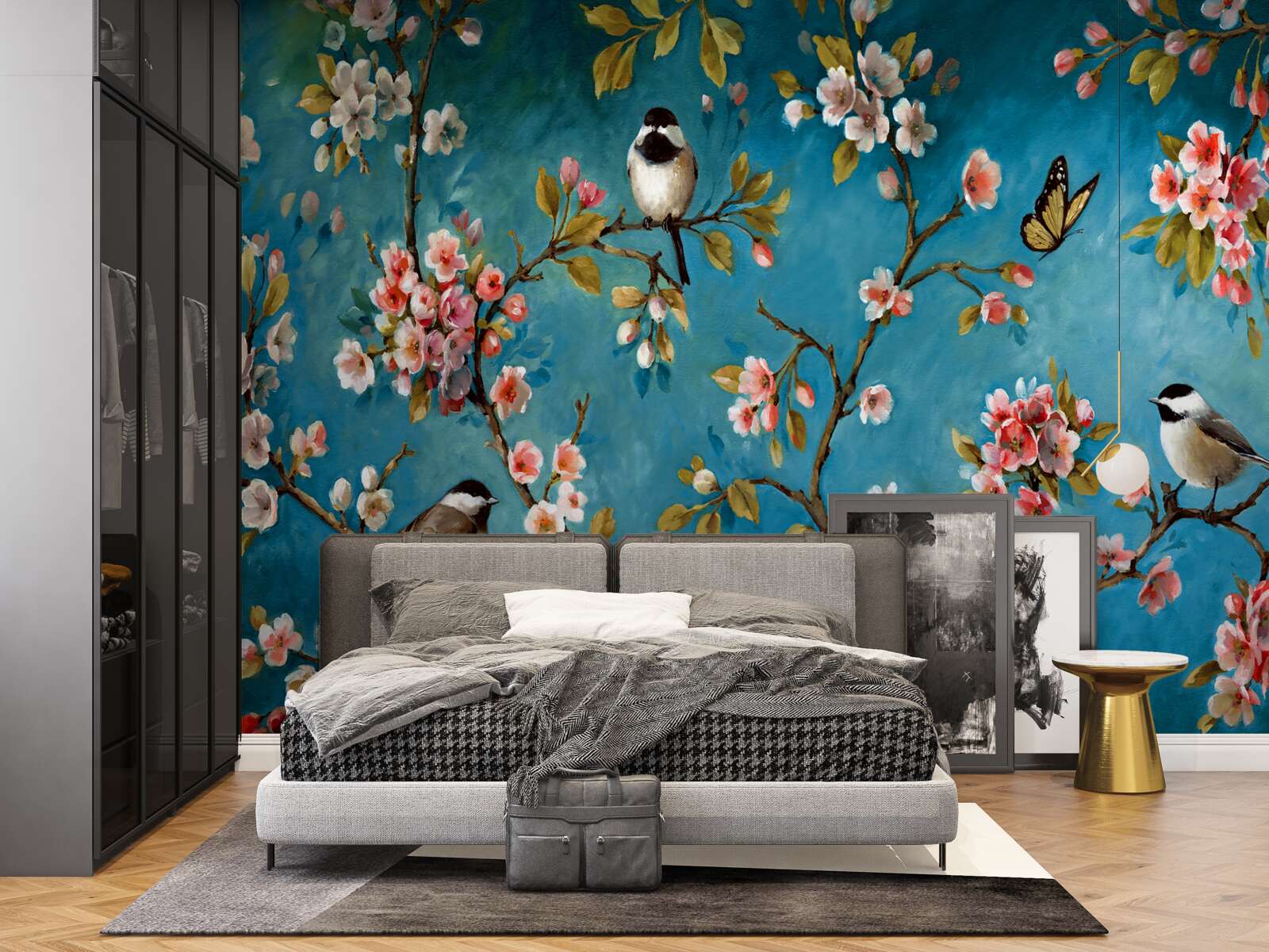 Fototapet ramuri înflorite cu păsări pe un fundal de cer azuriu