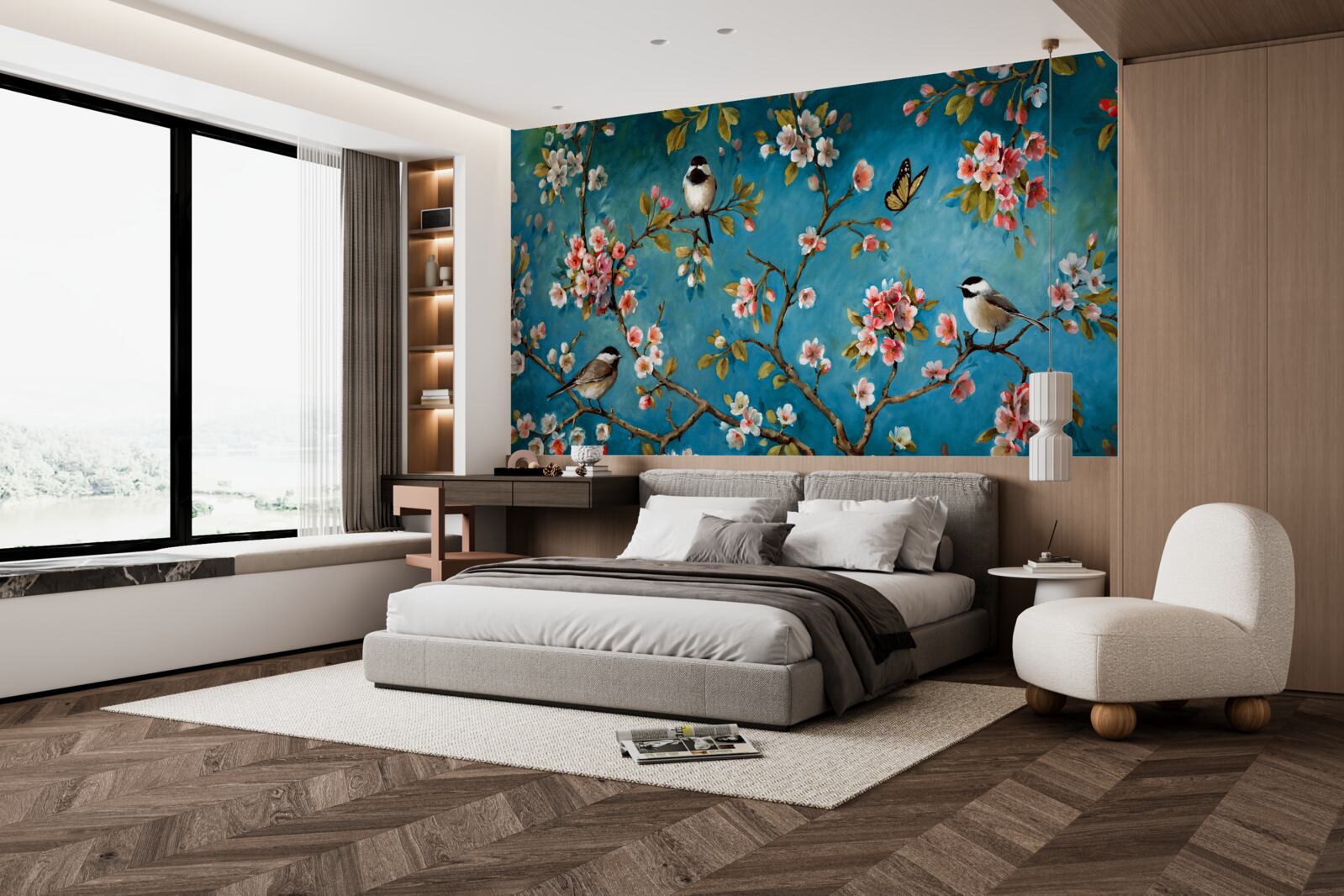 Fototapet ramuri înflorite cu păsări pe un fundal de cer azuriu