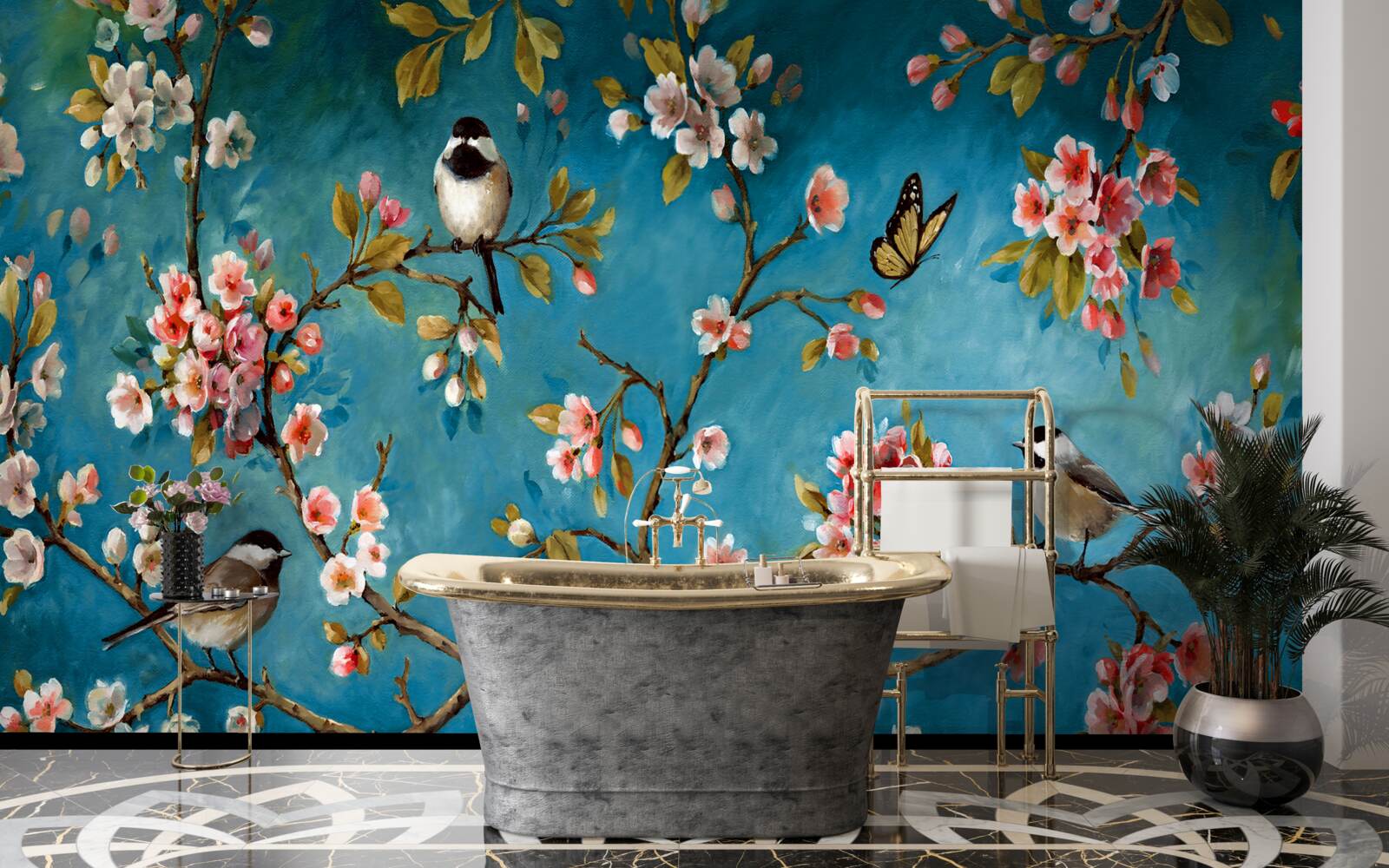 Fototapet ramuri înflorite cu păsări pe un fundal de cer azuriu