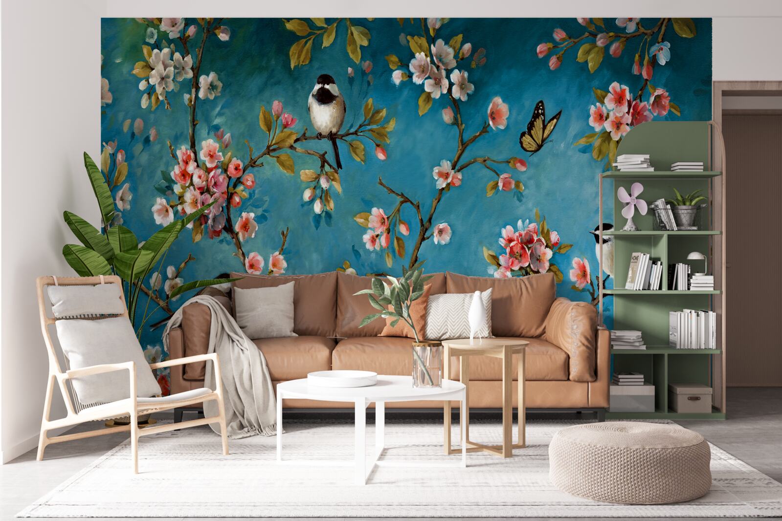 Fototapet ramuri înflorite cu păsări pe un fundal de cer azuriu