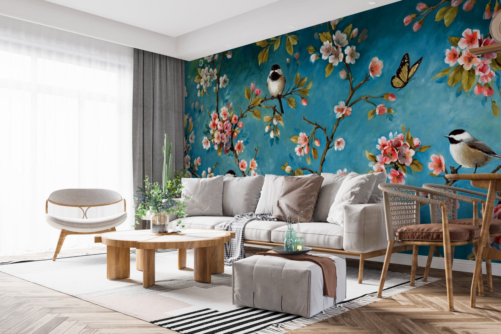 Fototapet ramuri înflorite cu păsări pe un fundal de cer azuriu