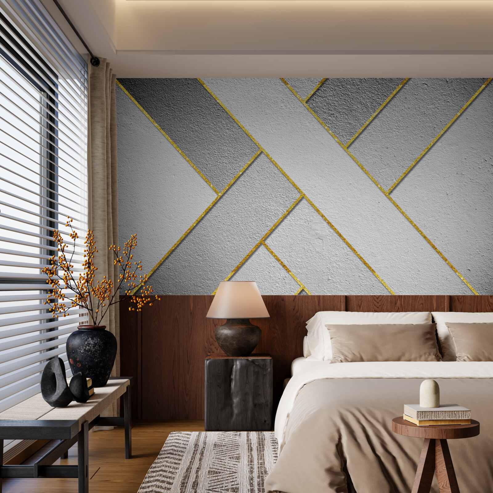 Fototapet linii drepte aurii pe un fundal gri