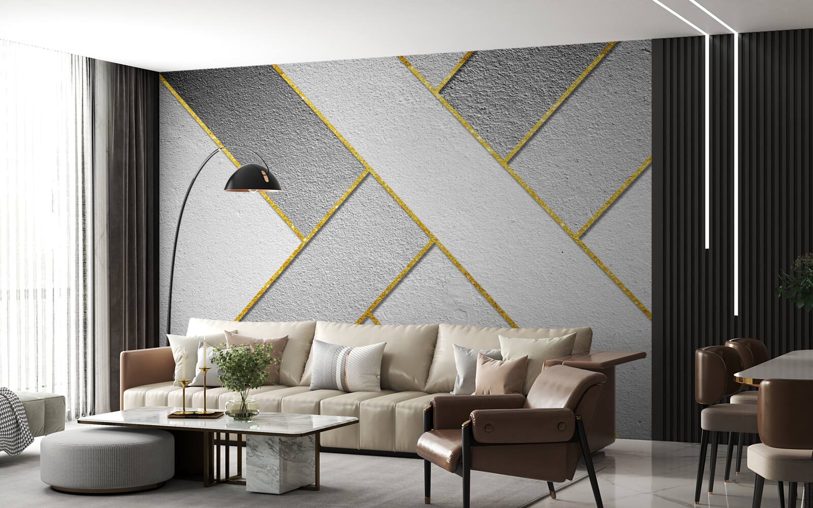 Fototapet linii drepte aurii pe un fundal gri