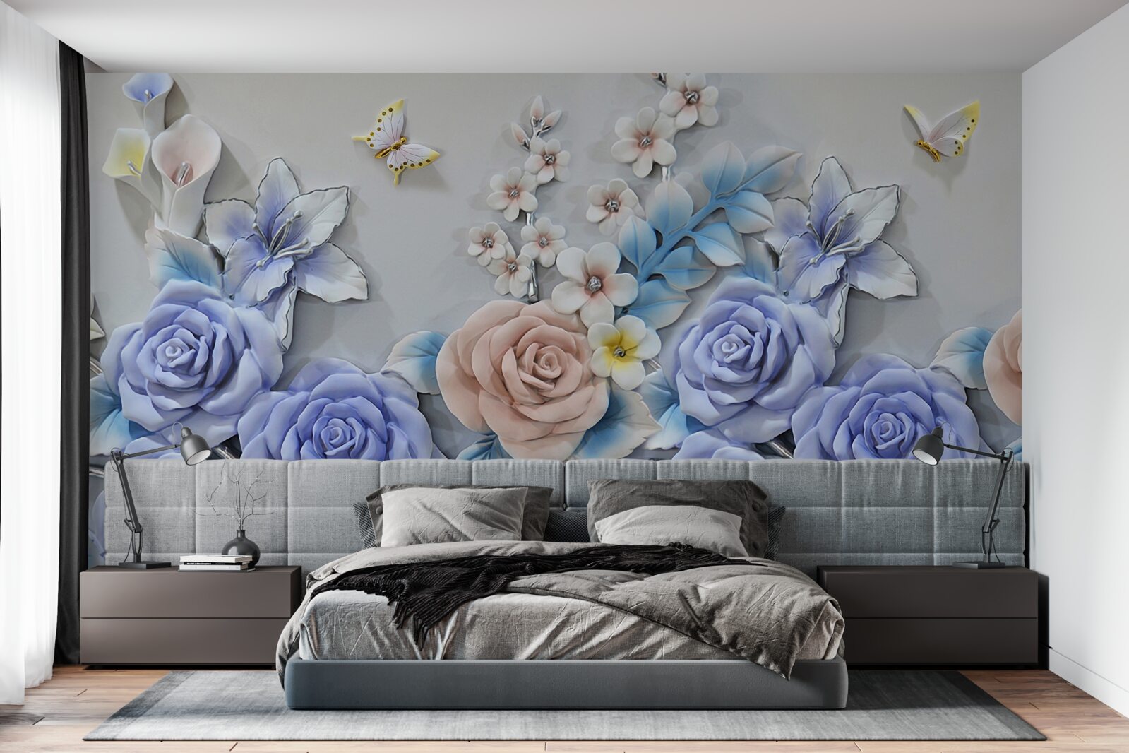 Fototapet crinii și trandafirii devin calea de zbor a fluturilor