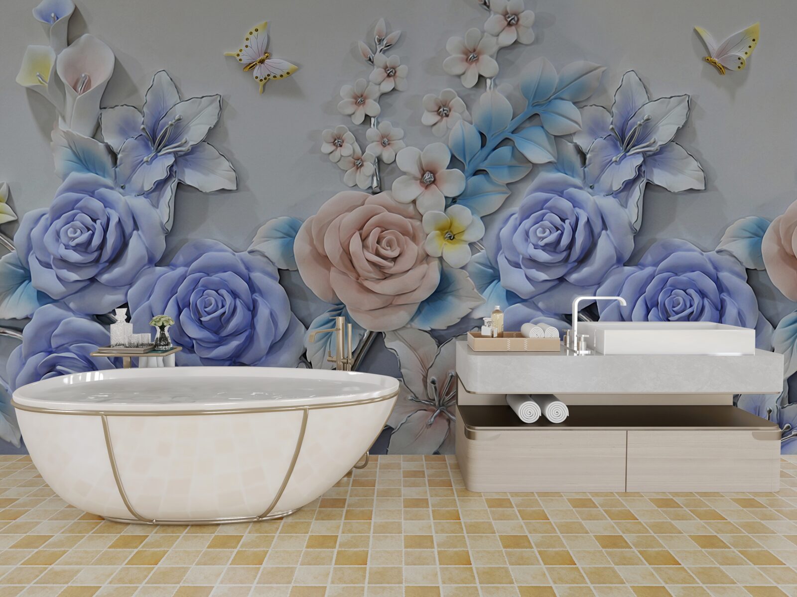 Fototapet crinii și trandafirii devin calea de zbor a fluturilor