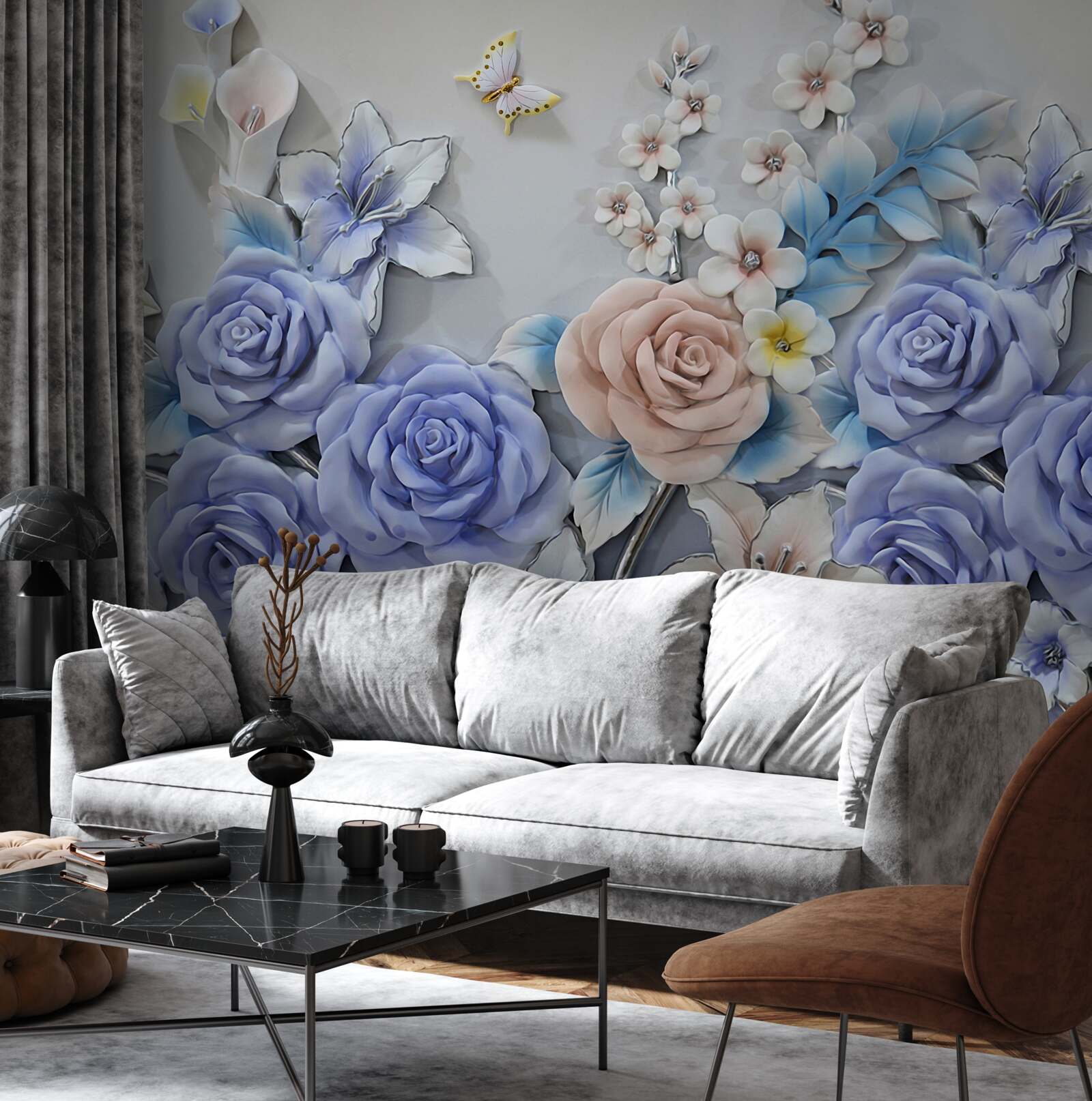 Fototapet crinii și trandafirii devin calea de zbor a fluturilor