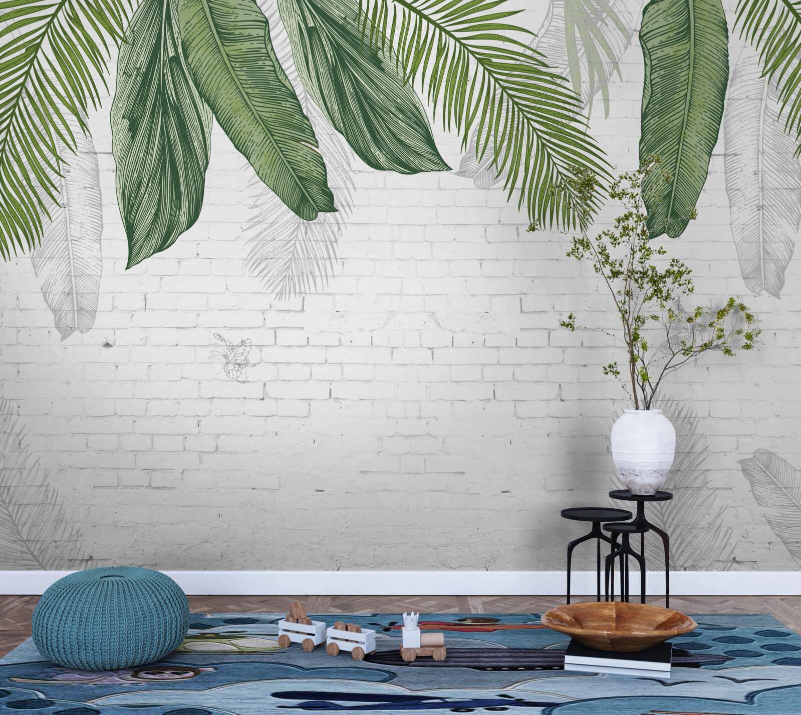 Fototapet cărămida este bine acoperită cu frunze verzi